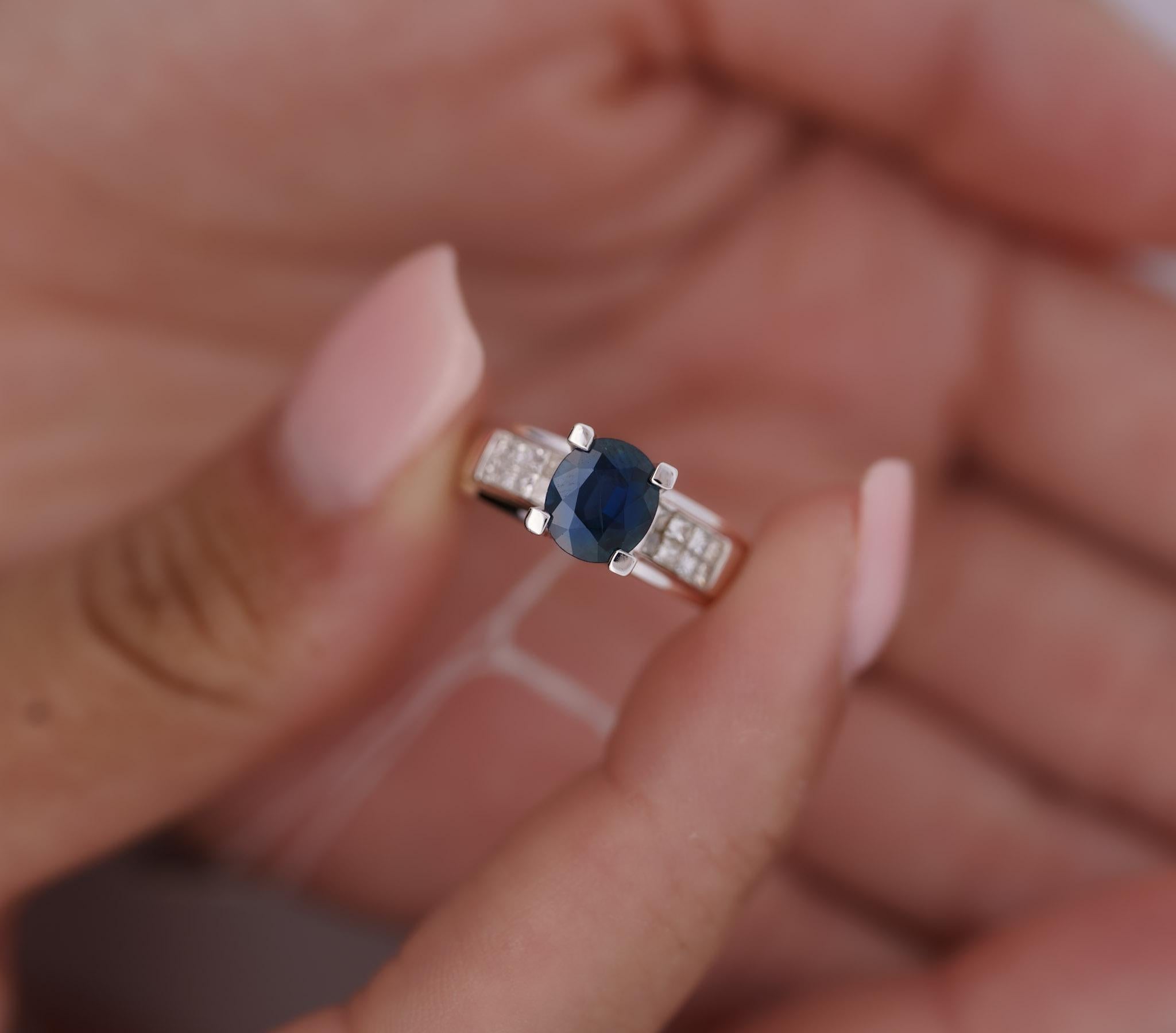 Women's 14K White Gold 1.56 Carat Oval Blue Sapphire and Invisible Cluster Diamond Ring For Sale