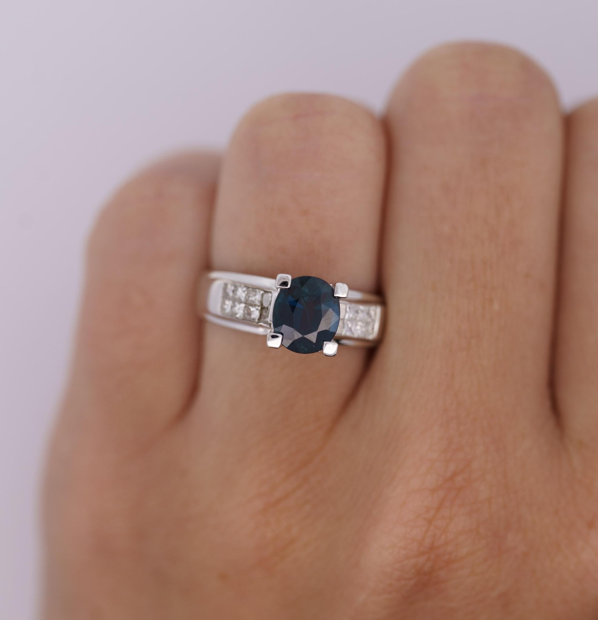 14K White Gold 1.56 Carat Oval Blue Sapphire and Invisible Cluster Diamond Ring For Sale 1