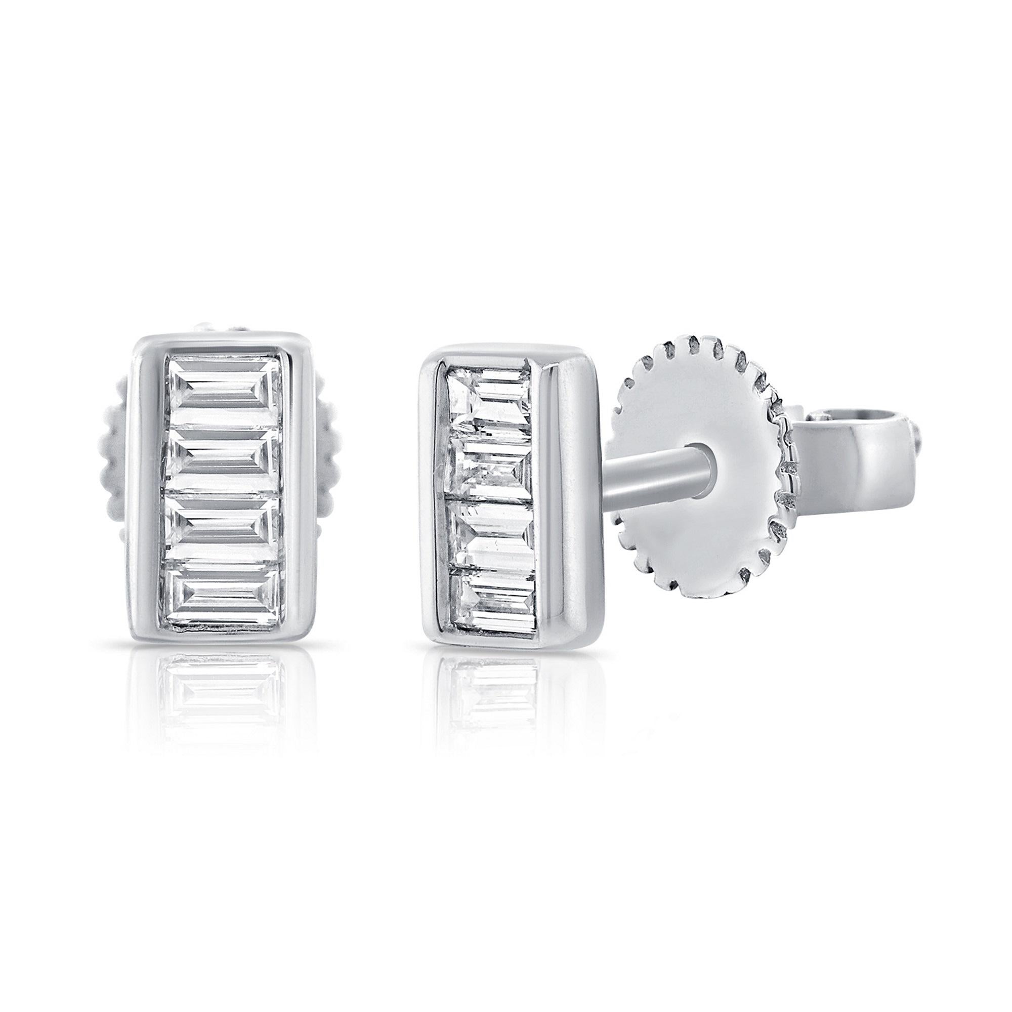 Contemporary 14K White Gold .15ct Diamond Baguette Stud Earrings for Her For Sale