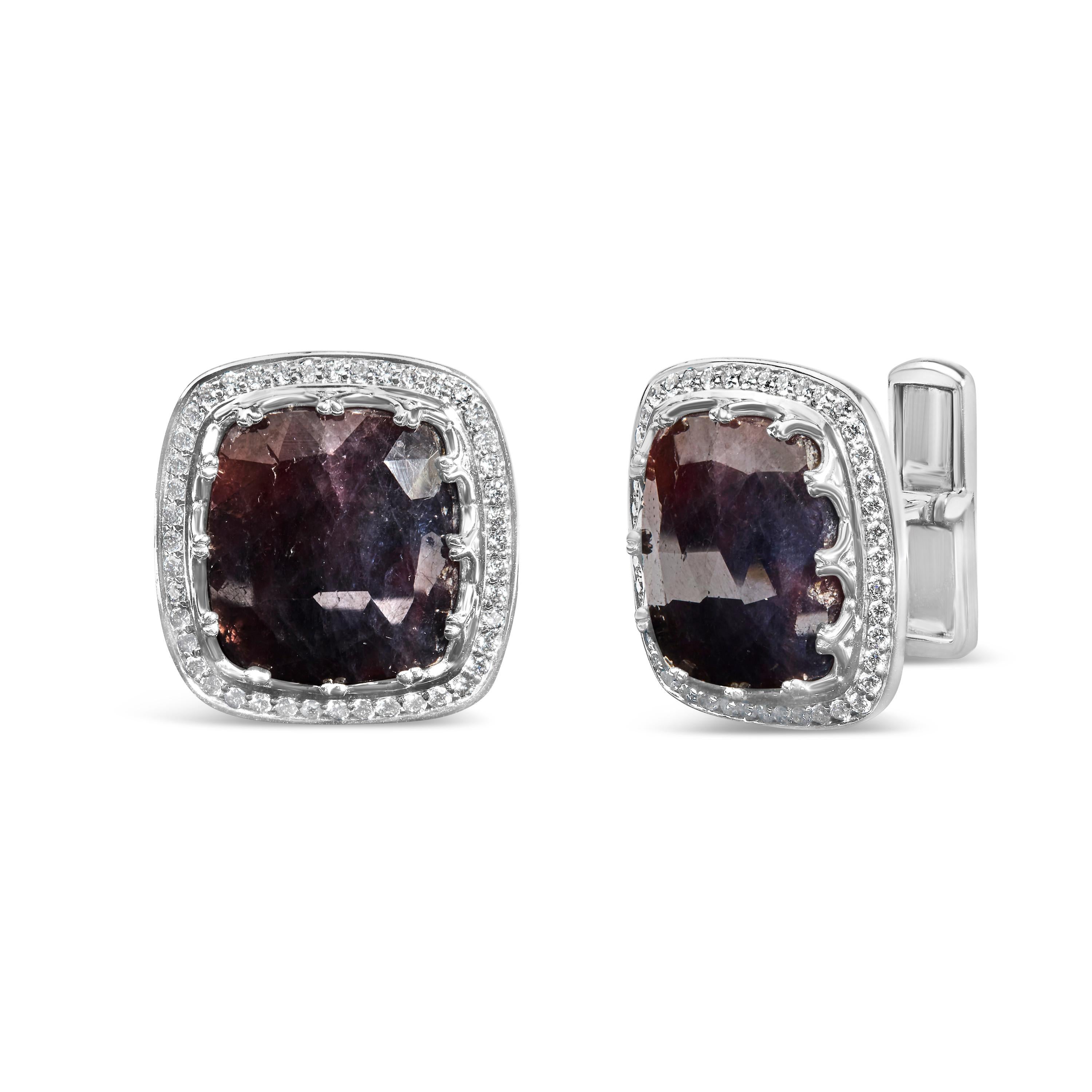 Immerse yourself in the opulence of these exquisite cufflinks, masterfully crafted from lustrous 14K white gold. Each cufflink captivates with a magnificent 15x15 mm dark purple sapphire, dramatically showcased with a sophisticated checkerboard cut