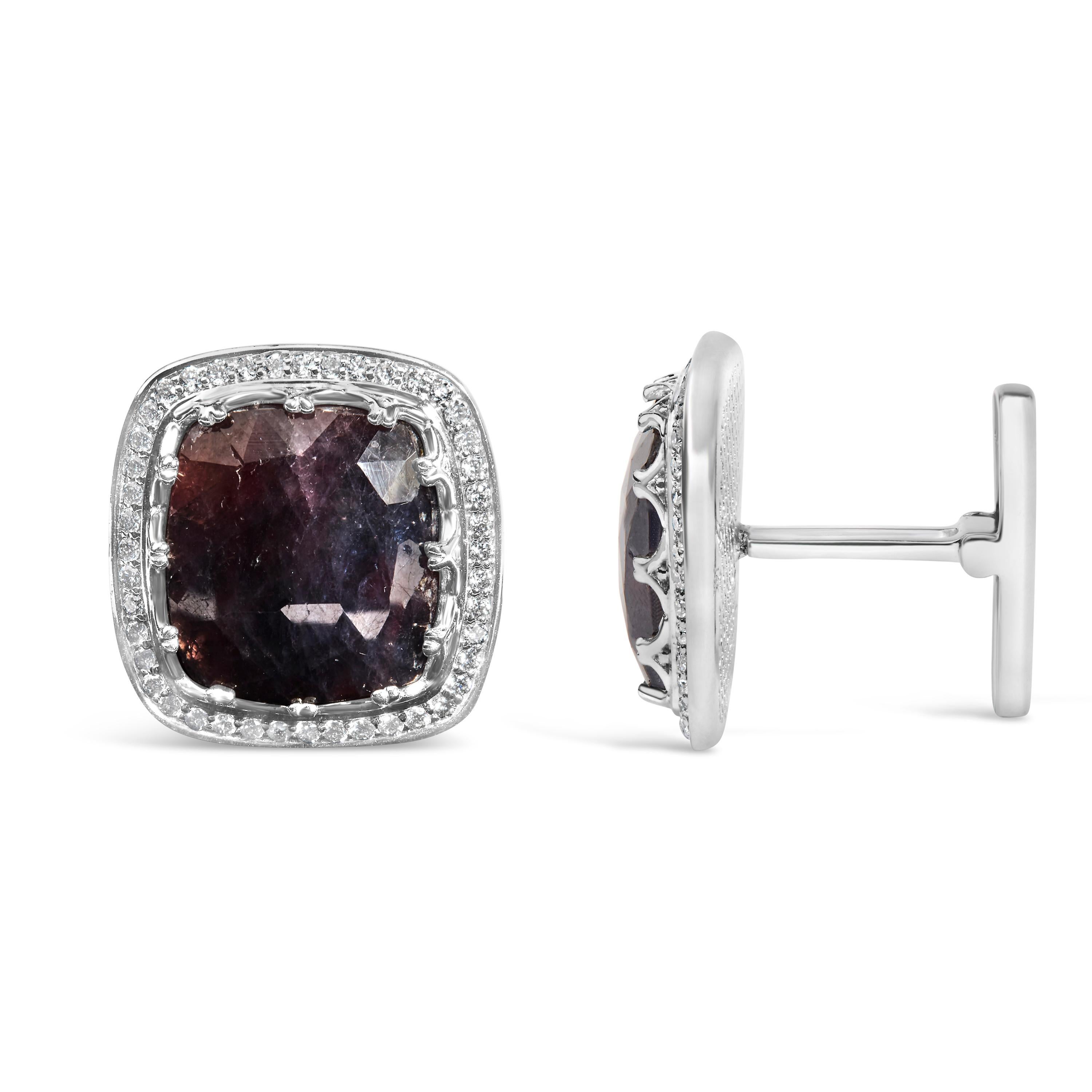 Modern 14K White Gold 15x15 Dark Purple Sapphire and 4/5 Cttw Diamond Halo Cufflinks For Sale