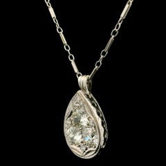 14k White Gold 1.60ct Old Euro Cut Diamond Teardrop Milgrain Pendant Necklace