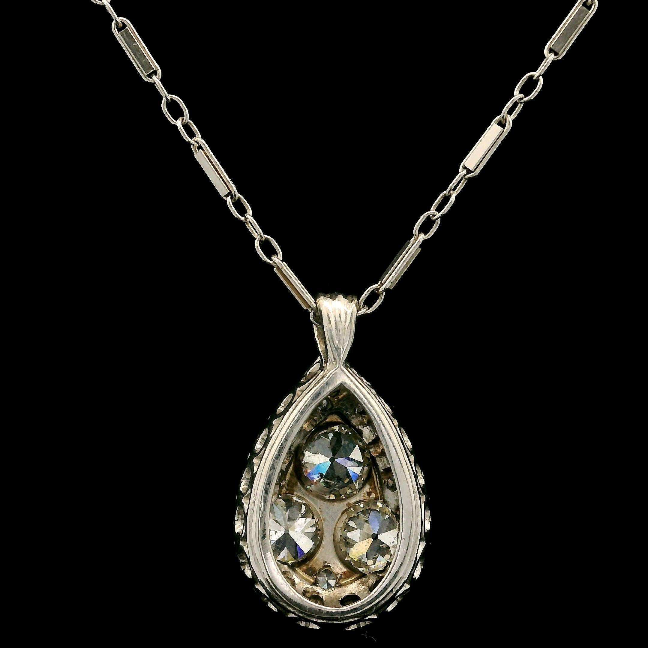 Old European Cut 14k White Gold 1.60ct Old Euro Cut Diamond Teardrop Milgrain Pendant Necklace For Sale