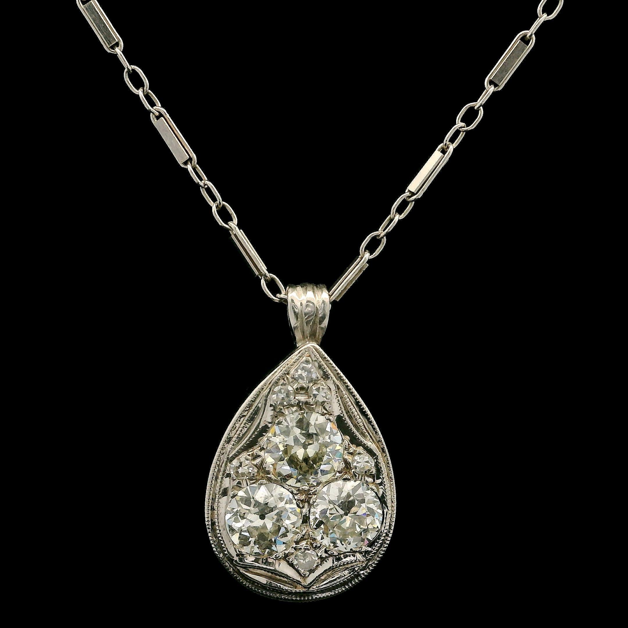 Women's 14k White Gold 1.60ct Old Euro Cut Diamond Teardrop Milgrain Pendant Necklace For Sale