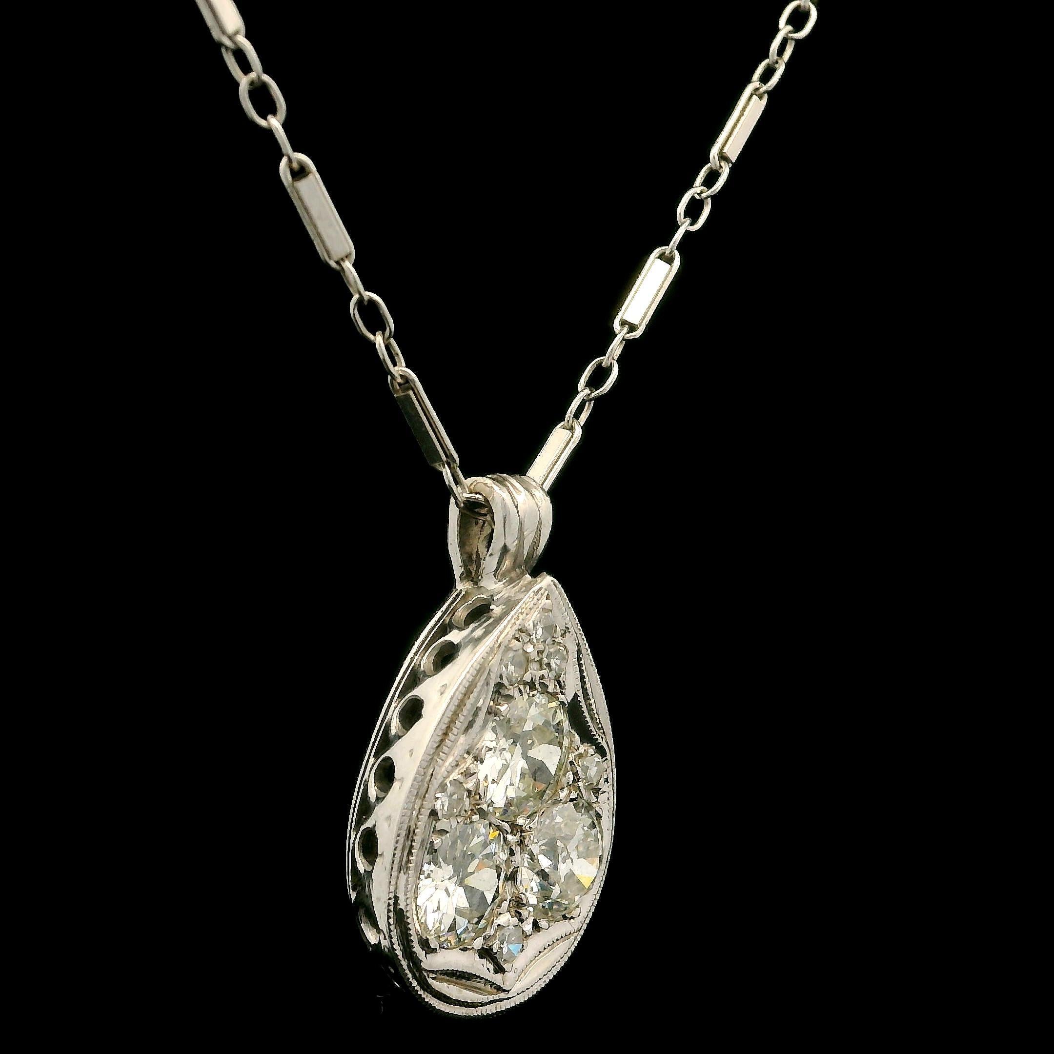 14k White Gold 1.60ct Old Euro Cut Diamond Teardrop Milgrain Pendant Necklace For Sale 1