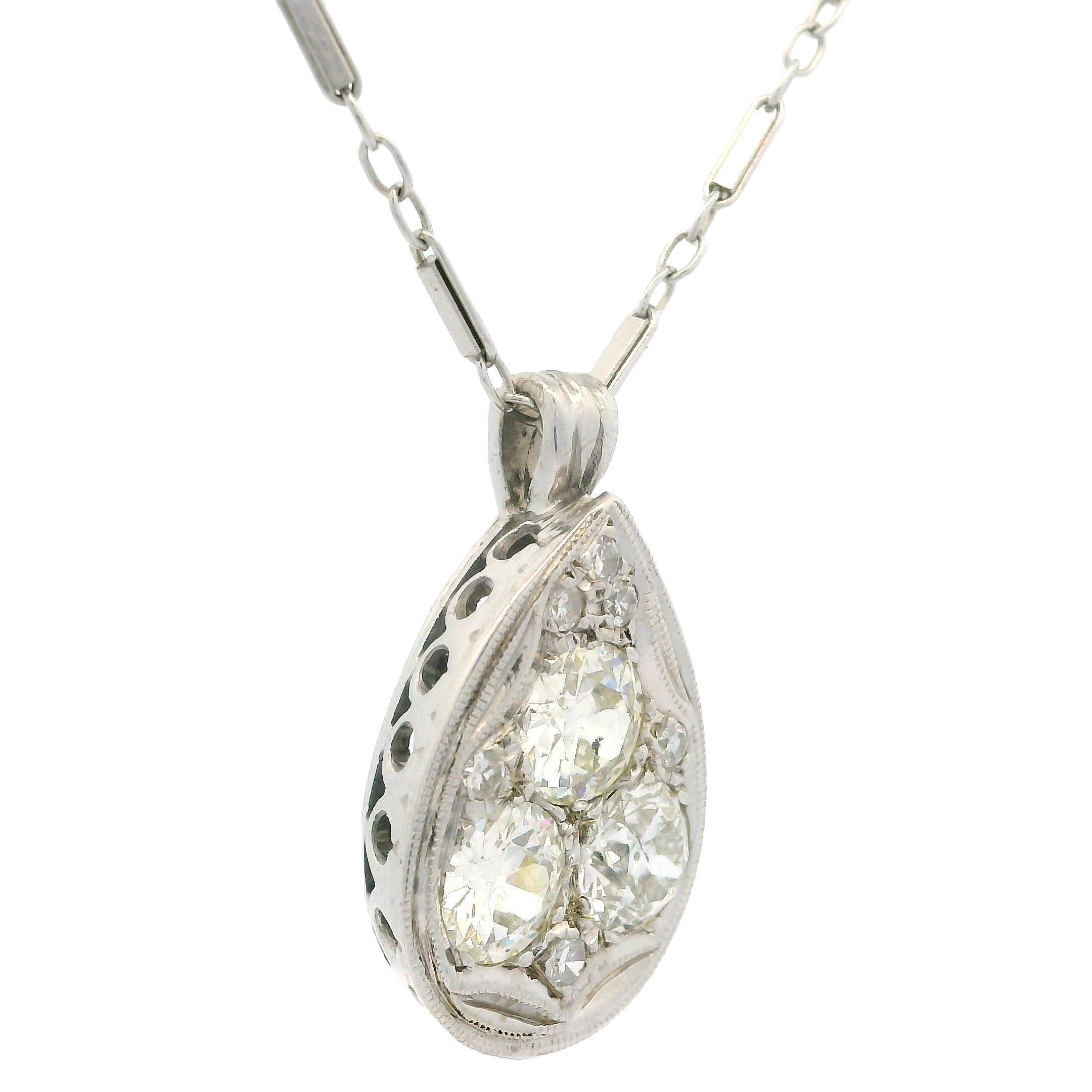 14k White Gold 1.60ct Old Euro Cut Diamond Teardrop Milgrain Pendant Necklace For Sale 2