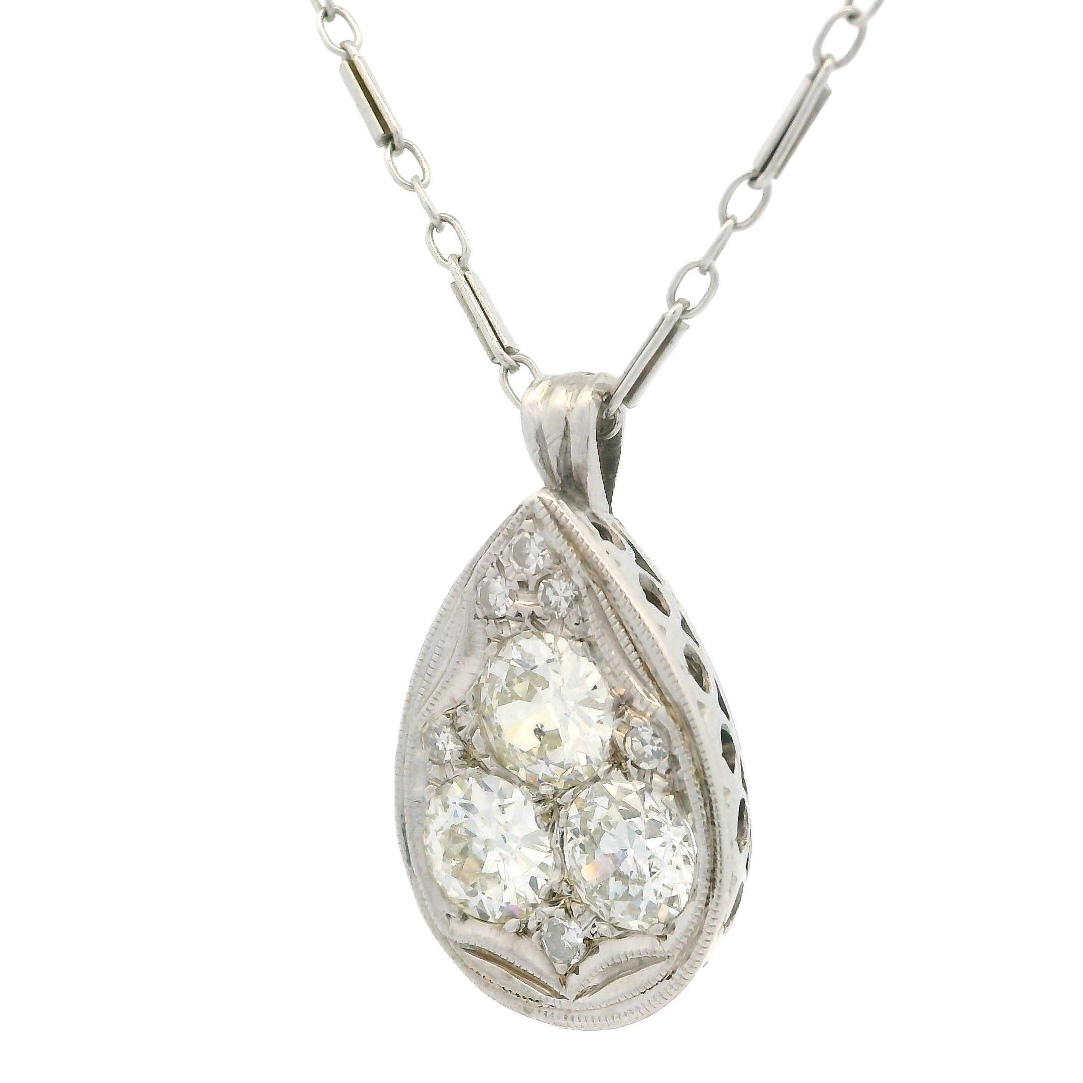 14k White Gold 1.60ct Old Euro Cut Diamond Teardrop Milgrain Pendant Necklace For Sale 3