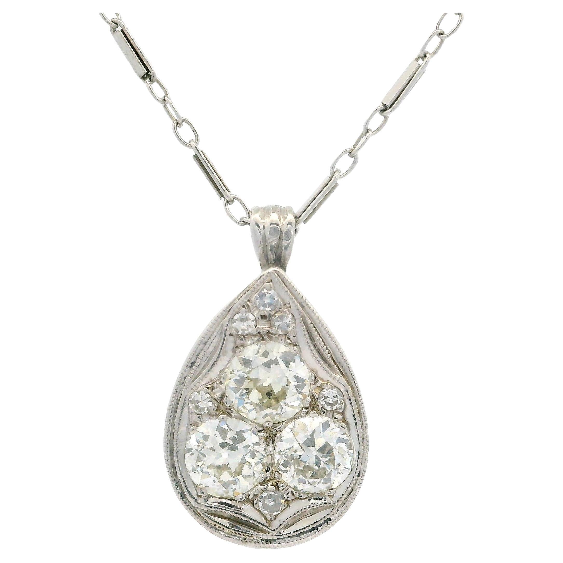 14k White Gold 1.60ct Old Euro Cut Diamond Teardrop Milgrain Pendant Necklace