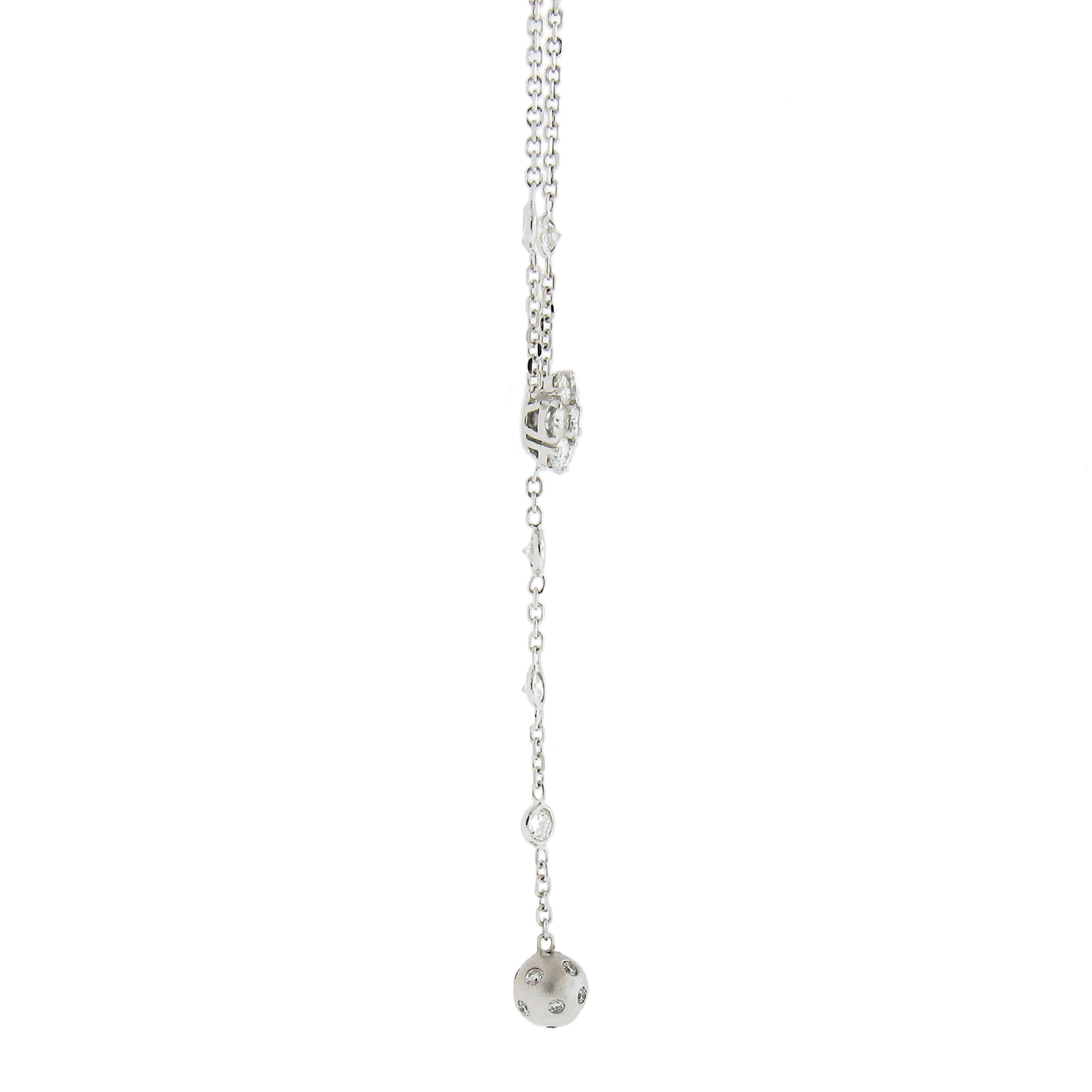 Collar de cadena de oro blanco de 14 quilates de 1,60 quilates de diamantes en racimo con gota de bola por metro en Excelente estado para la venta en Montclair, NJ