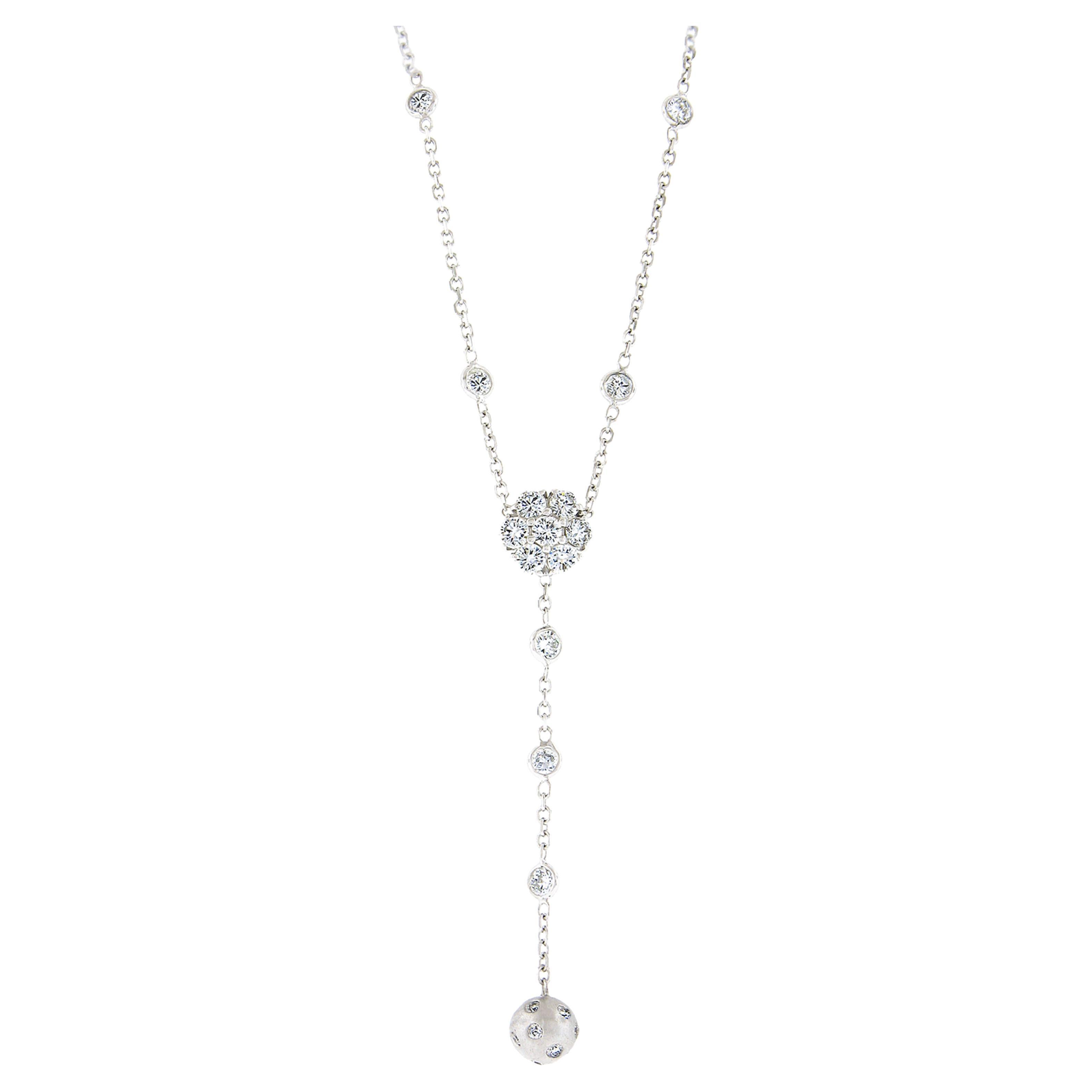 14k White Gold 1.60ctw Diamond Cluster Drop Ball by the Yard Chain Necklace For Sale