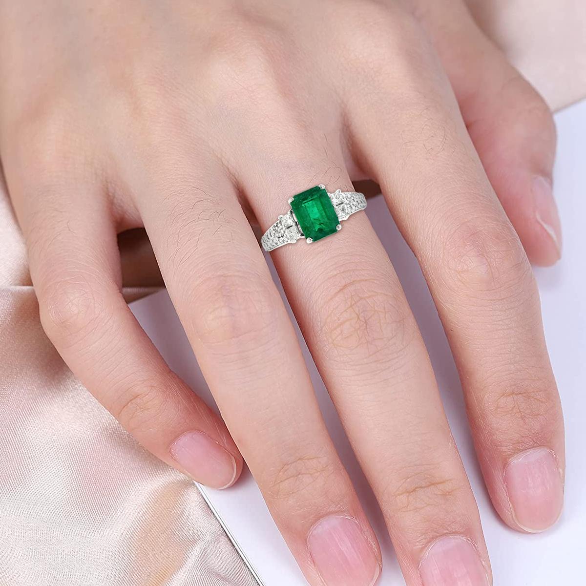 Modern 14K White Gold 1.62cts Emerald and Diamond Ring, Style# R3057