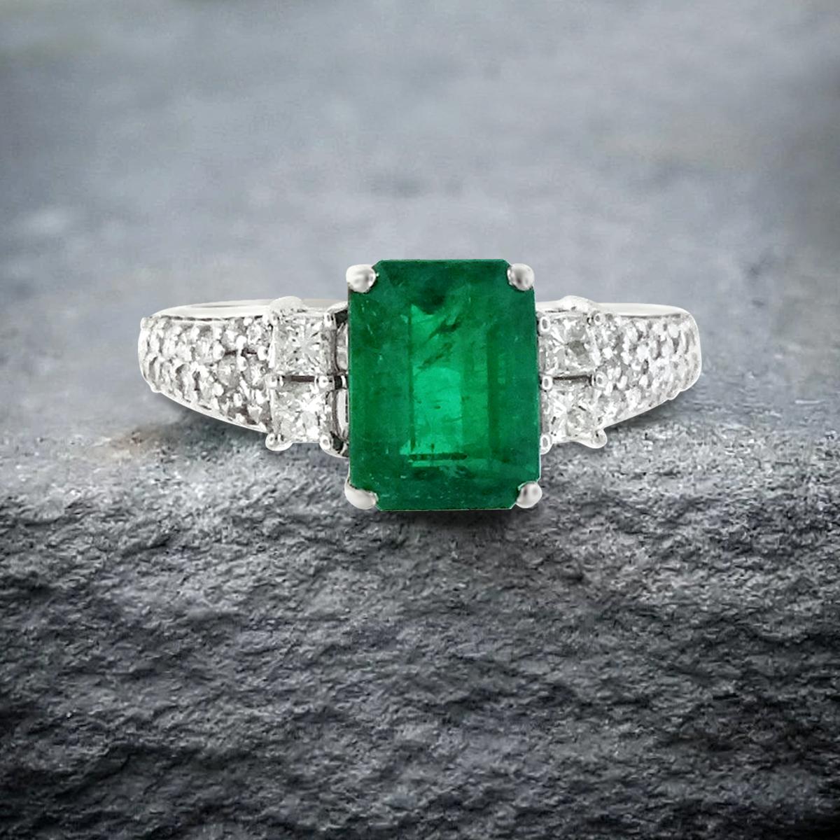 Octagon Cut 14K White Gold 1.62cts Emerald and Diamond Ring, Style# R3057 For Sale