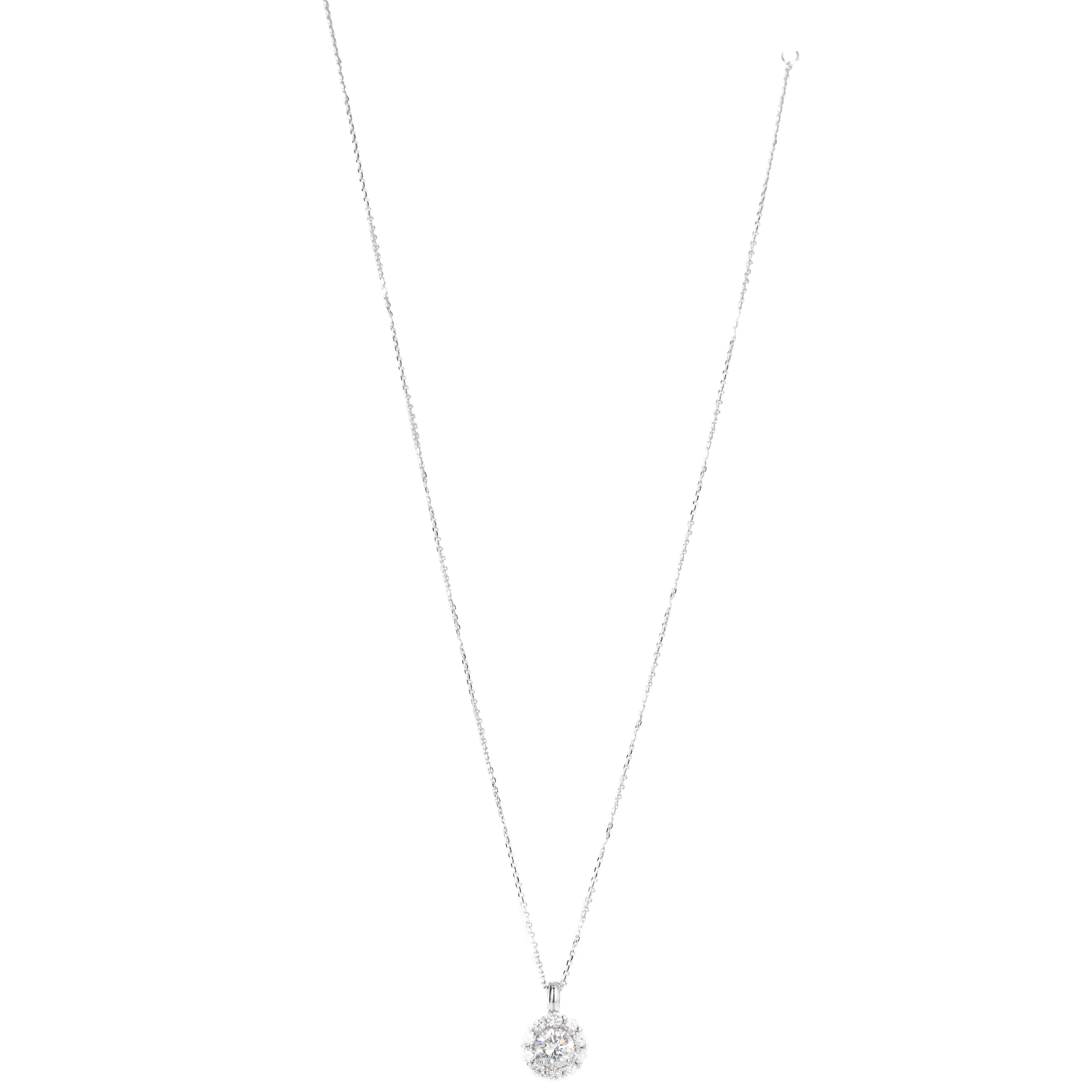 Round Cut 14K White Gold 1.65 Carat Round Diamond Halo Pendant Necklace For Sale