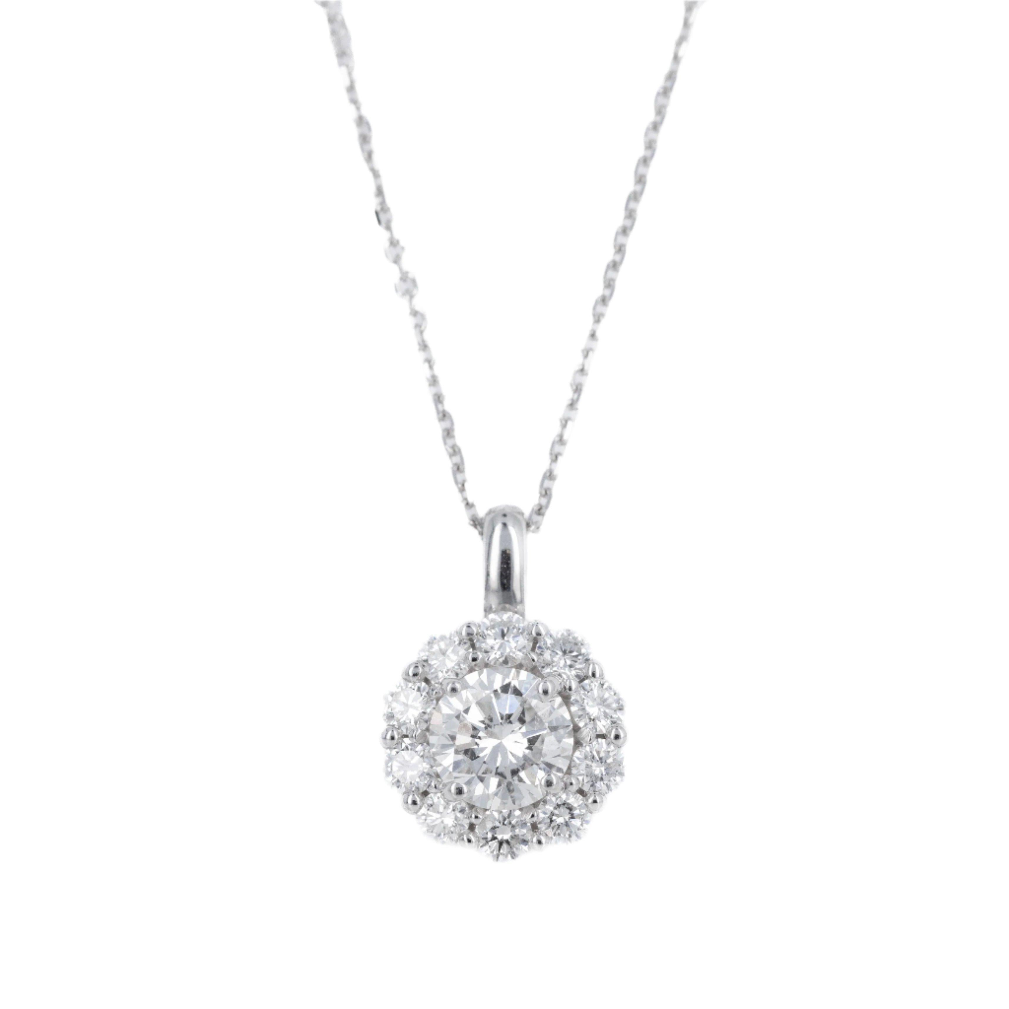 14K White Gold 1.65 Carat Round Diamond Halo Pendant Necklace In New Condition For Sale In Cape May, NJ