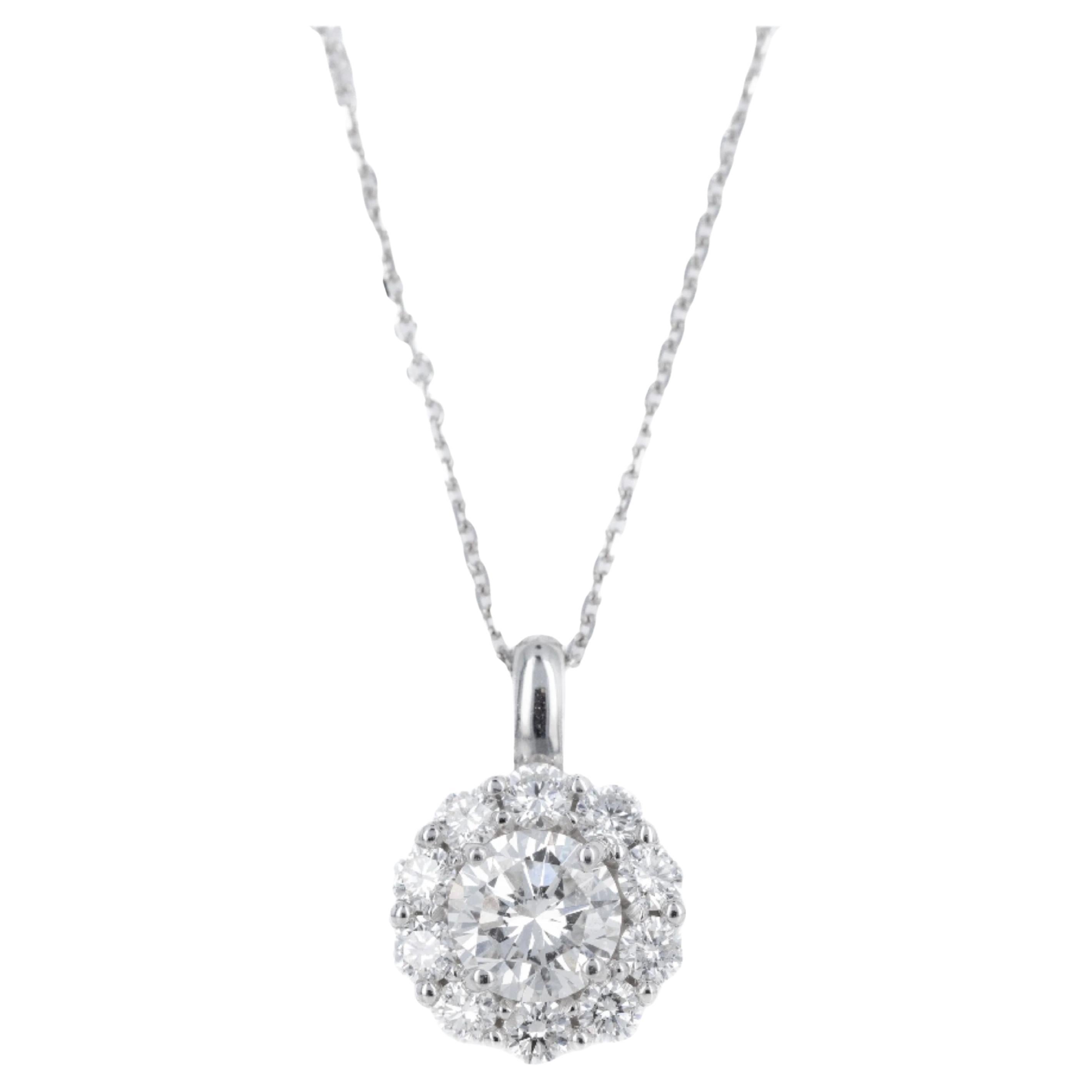 14K White Gold 1.65 Carat Round Diamond Halo Pendant Necklace