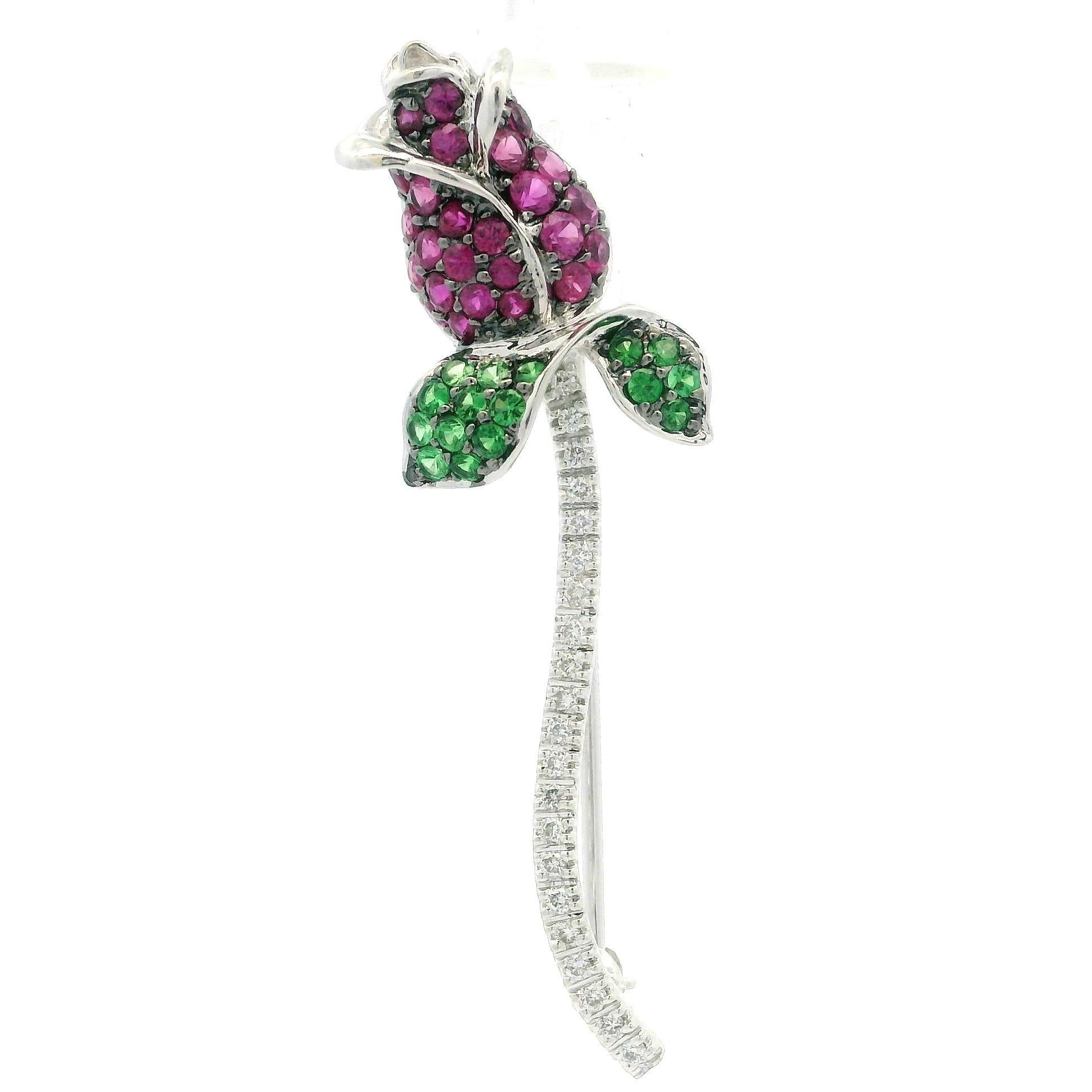 14k White Gold 1.65ctw Ruby Tsavorite & Diamond Rose Flower Leaf Pin Brooch