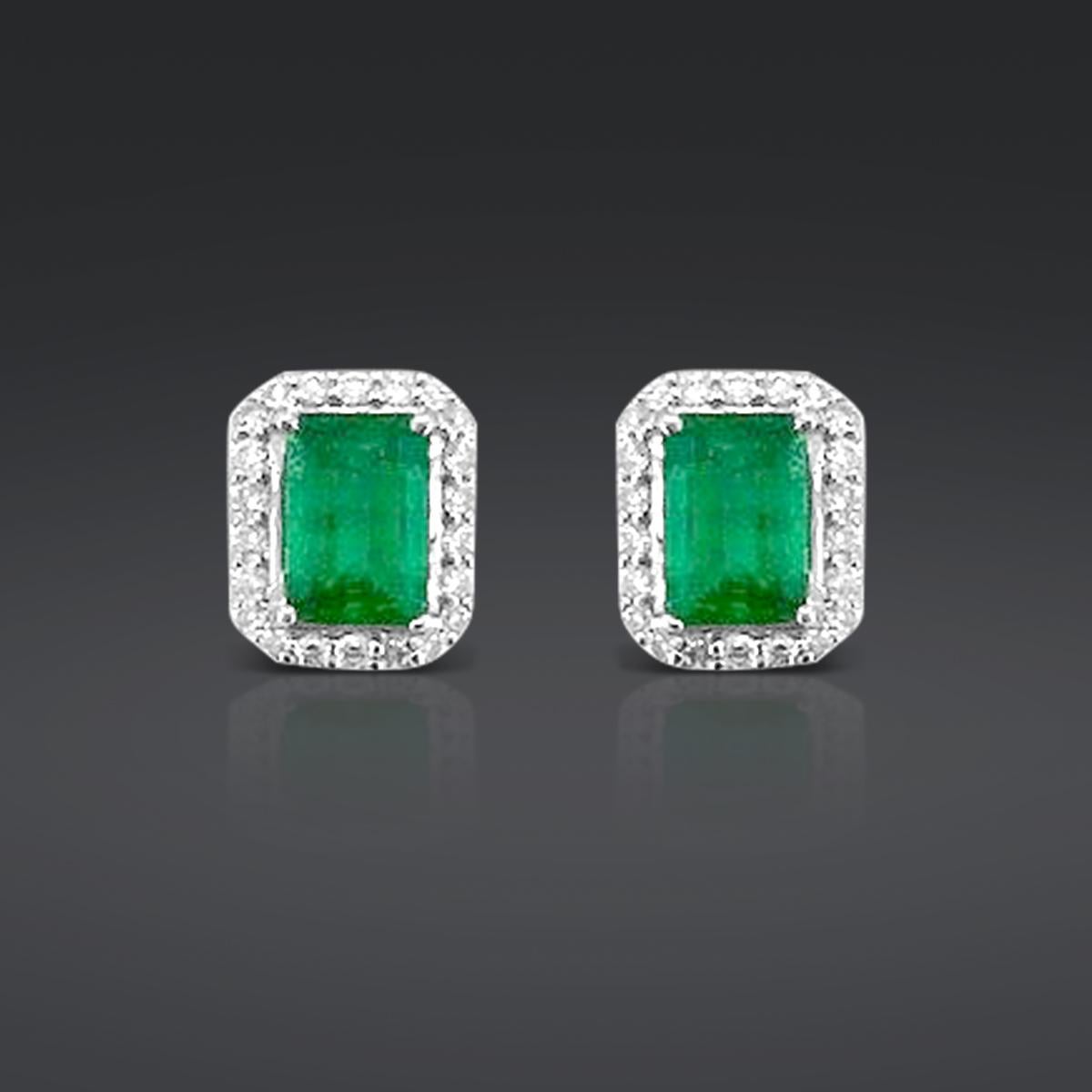 Octagon Cut 14K White Gold 1.67cts Emerald and Diamond Earring. Style# TS1117E