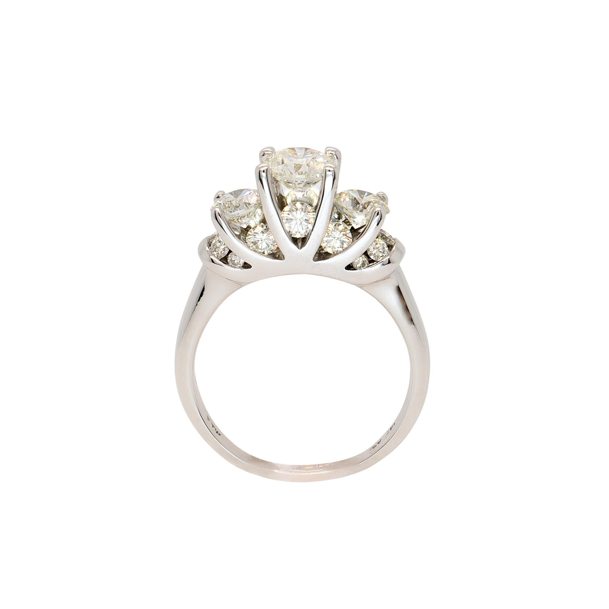 14k White Gold 1.68ctw Three Stone Round Brilliant Natural Diamond Ring In New Condition For Sale In Boca Raton, FL