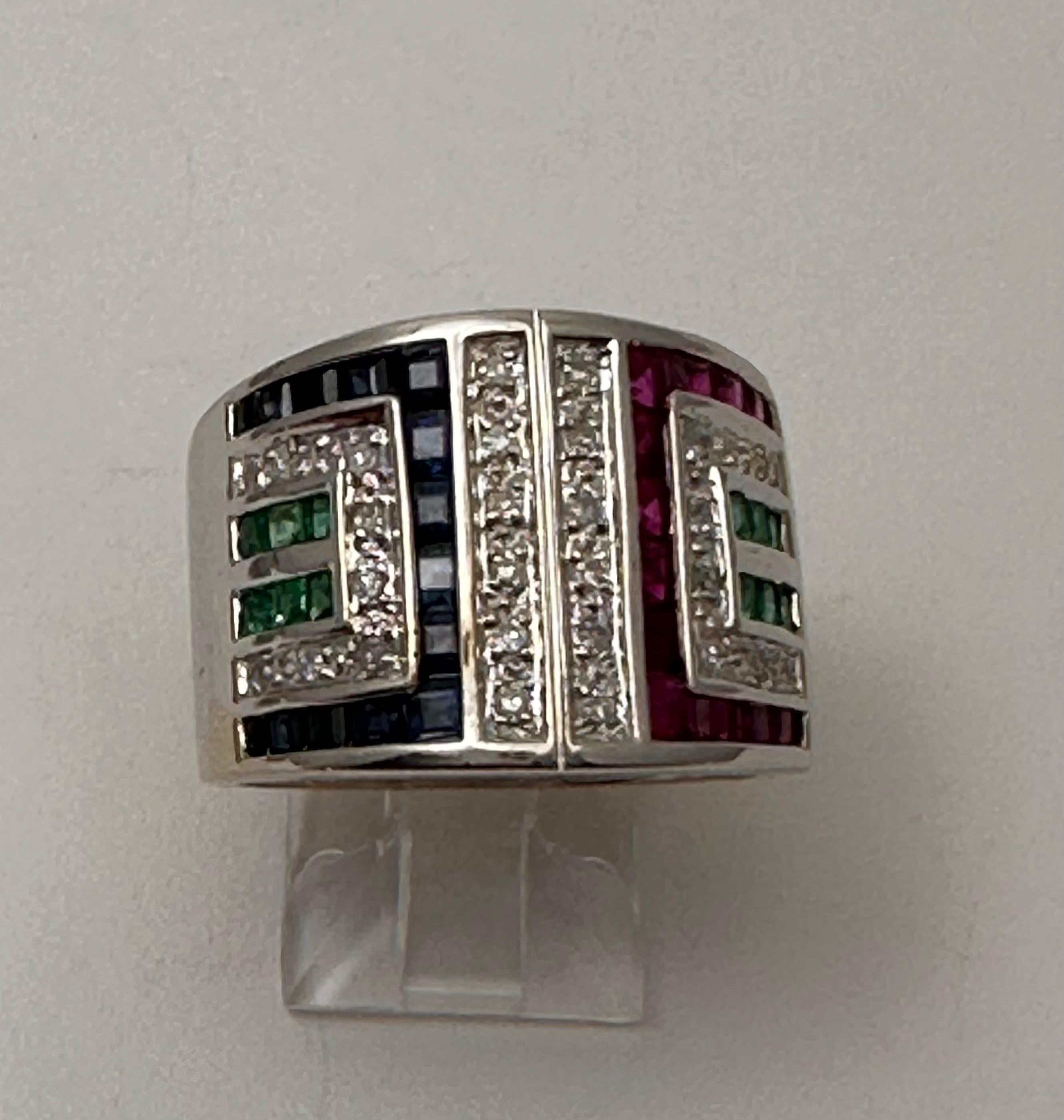 14k Weißgold 16mm breit Rubin Saphir Diamant Smaragd Ring Größe 8 (Moderne) im Angebot