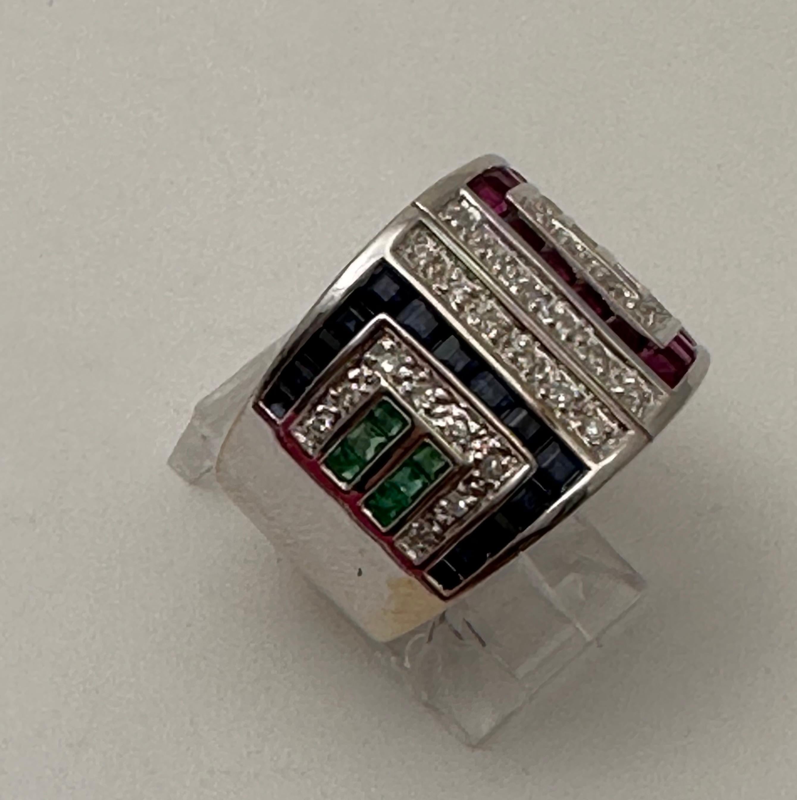 14k White Gold 16mm Wide Ruby Sapphire Diamond Emerald Ring Size 8 In New Condition For Sale In Las Vegas, NV