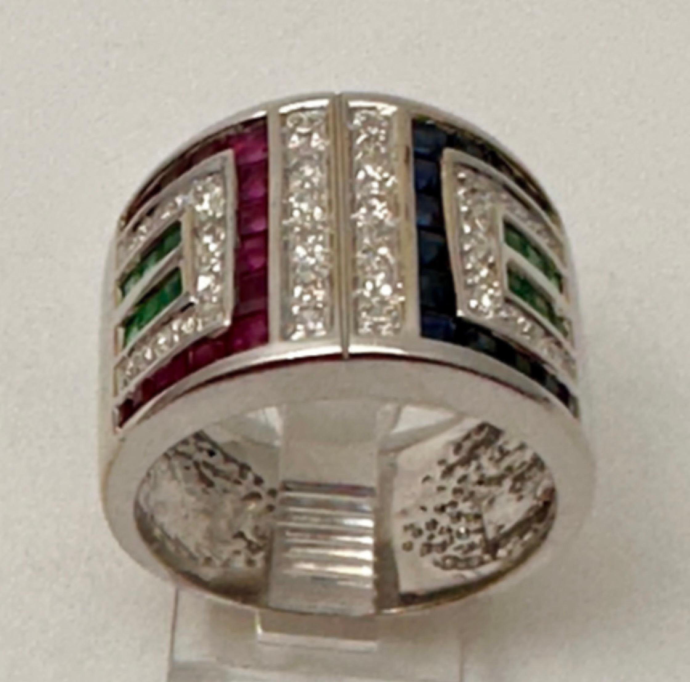 14k Weißgold 16mm breit Rubin Saphir Diamant Smaragd Ring Größe 8 Damen im Angebot