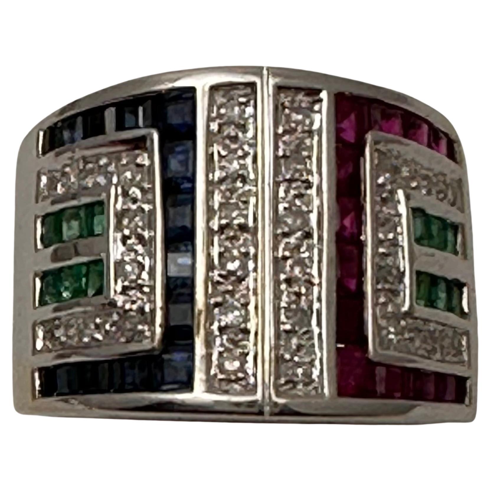 14k Weißgold 16mm breit Rubin Saphir Diamant Smaragd Ring Größe 8 im Angebot