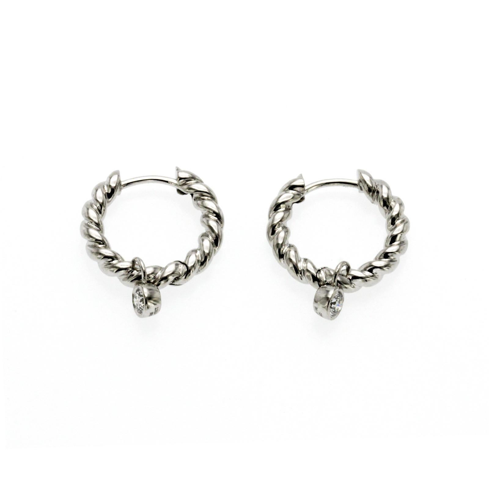 Women's or Men's 14K White Gold 17 mm Height 0.15CT Diamonds Twisted Hoop Earrings For Sale
