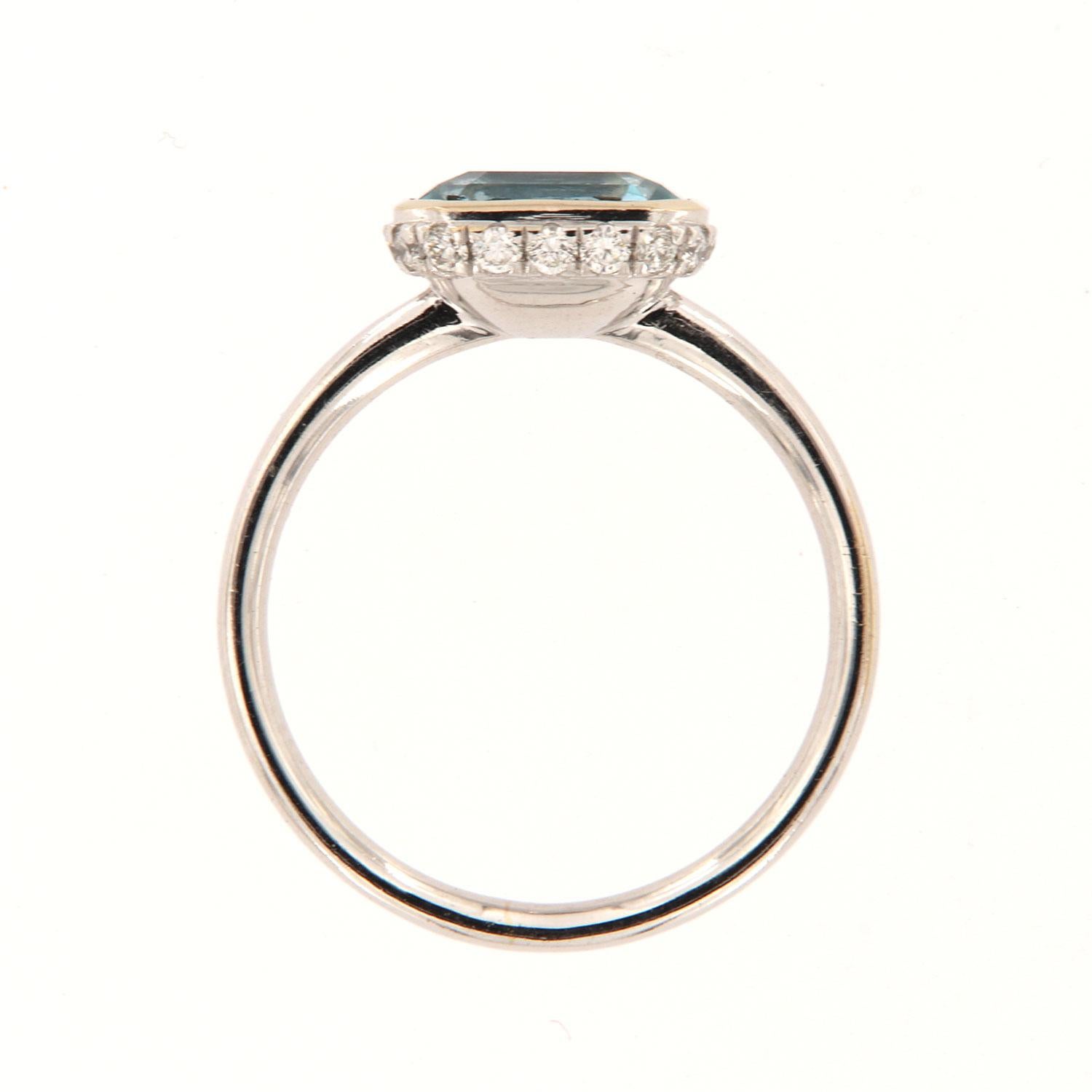 Emerald Cut 14k White Gold 1.70 Carat Emerald Aquamarine Hidden Halo Diamond Ring For Sale