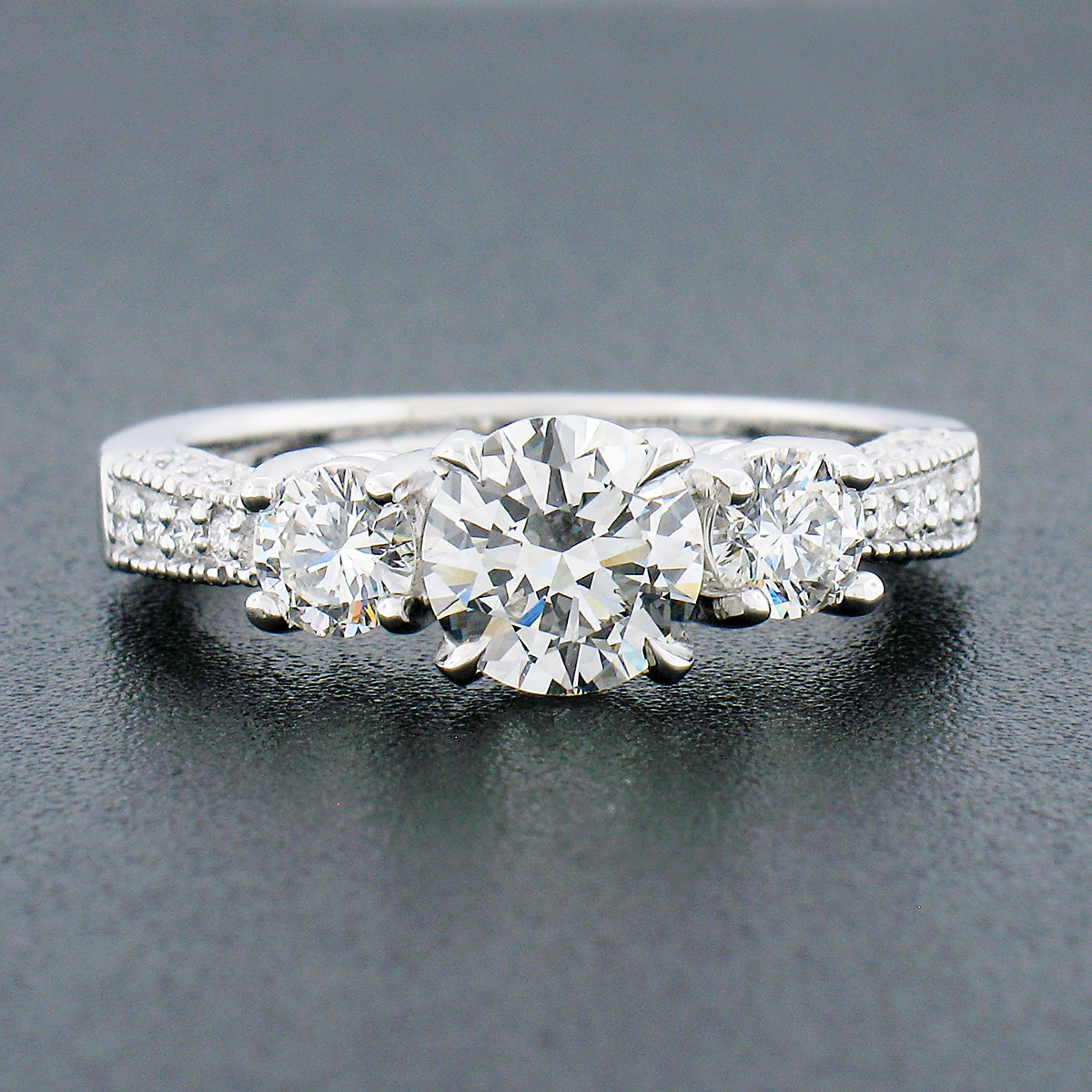 14k White Gold 1.70ctw GIA Round Brilliant Diamond Three Stone Engagement Ring In Excellent Condition For Sale In Montclair, NJ