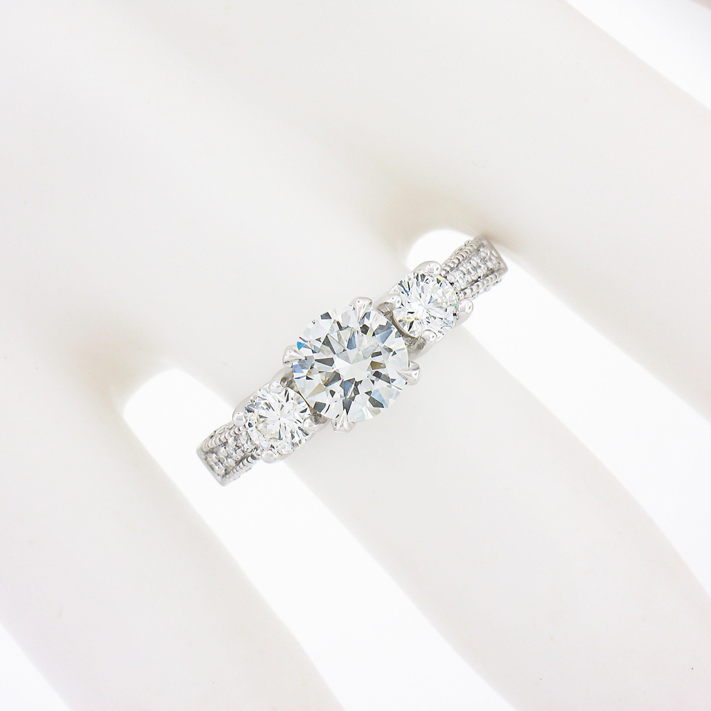 Women's 14k White Gold 1.70ctw GIA Round Brilliant Diamond Three Stone Engagement Ring For Sale