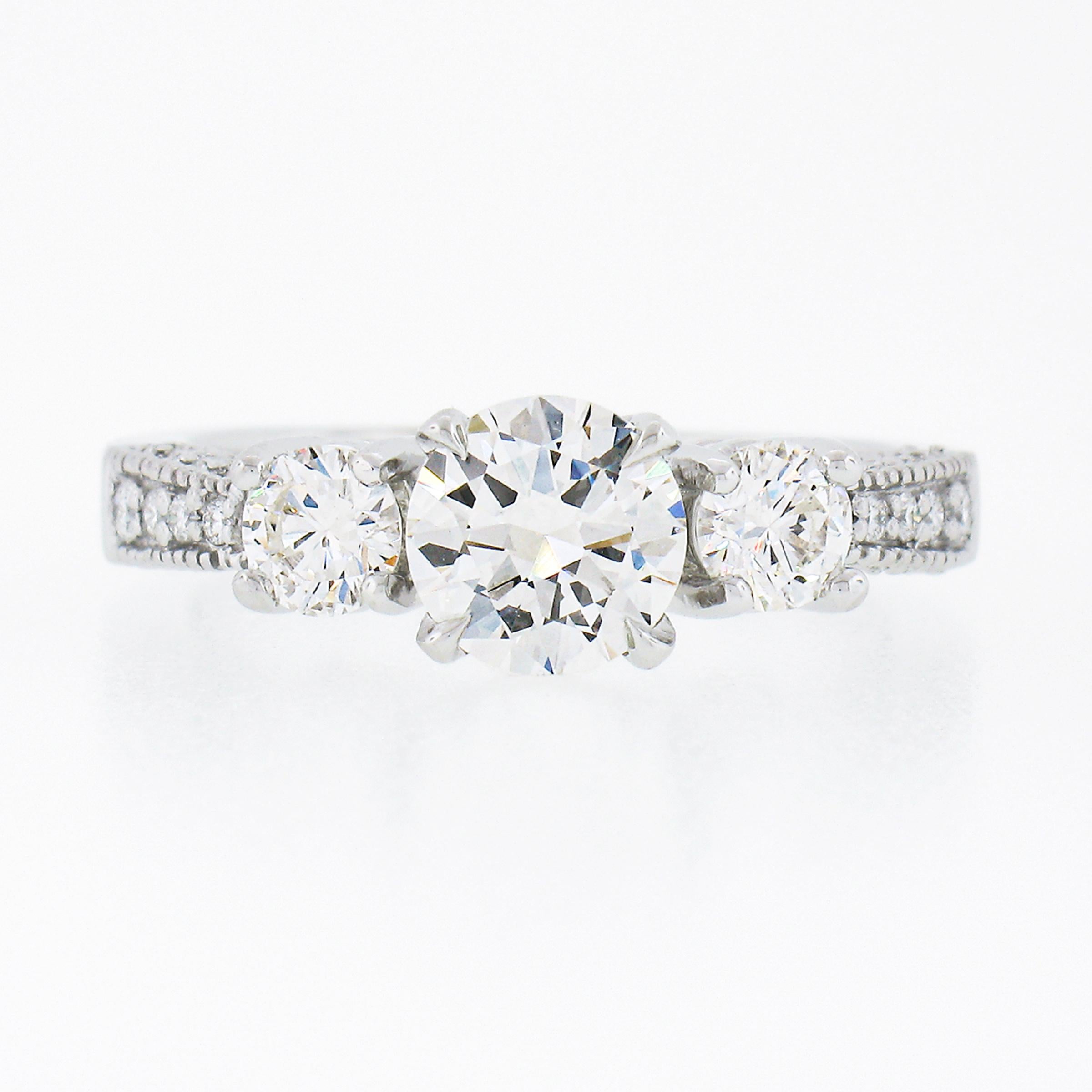 14k White Gold 1.70ctw GIA Round Brilliant Diamond Three Stone Engagement Ring For Sale