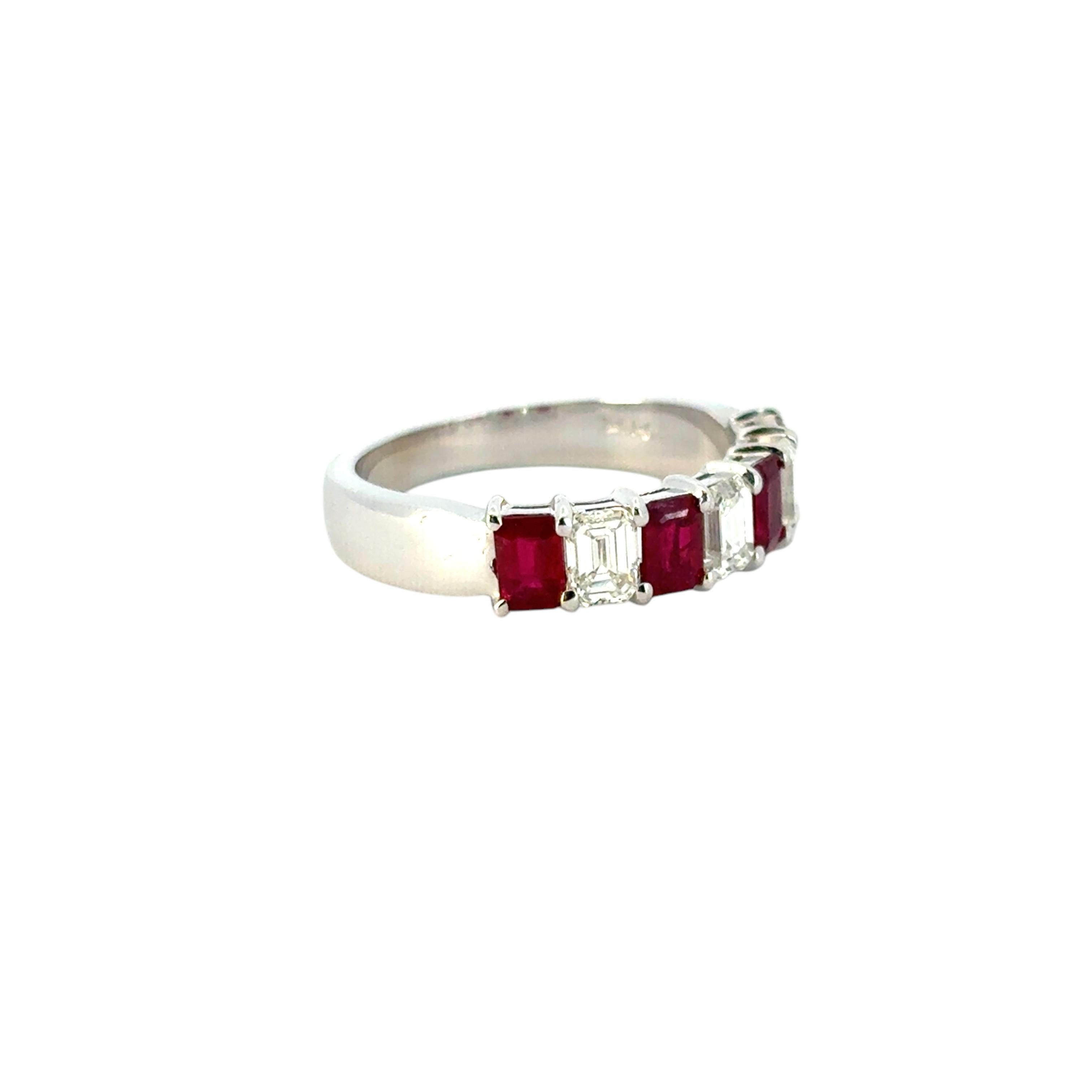 14k White Gold 1.72ctw Natural Emerald Cut Diamond and Ruby Ring 1