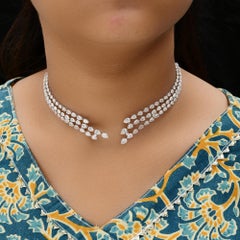 14K White Gold 17.32 Ct Natural Diamond Multi-Row Open Collar Choker Necklace