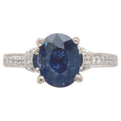14K White Gold 1.74 carat Blue Sapphire and Diamond Ring size 6.25