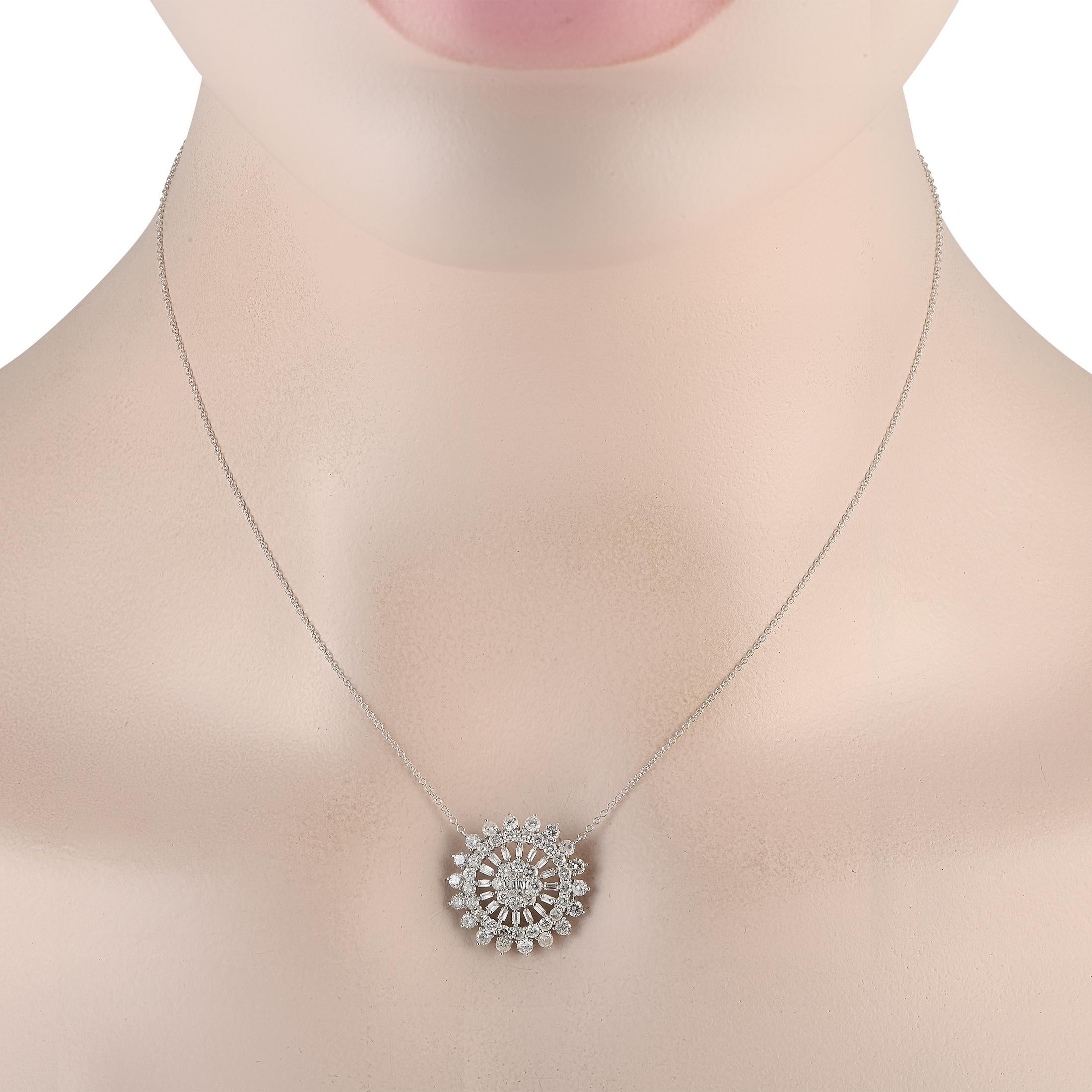 You will love the goes-with-everything style of this necklace. It features a thin, barely-there necklace chain holding a 0.75-wide round pendant in sunburst motif. The pendant features a combination of baguette and round diamonds secured by
