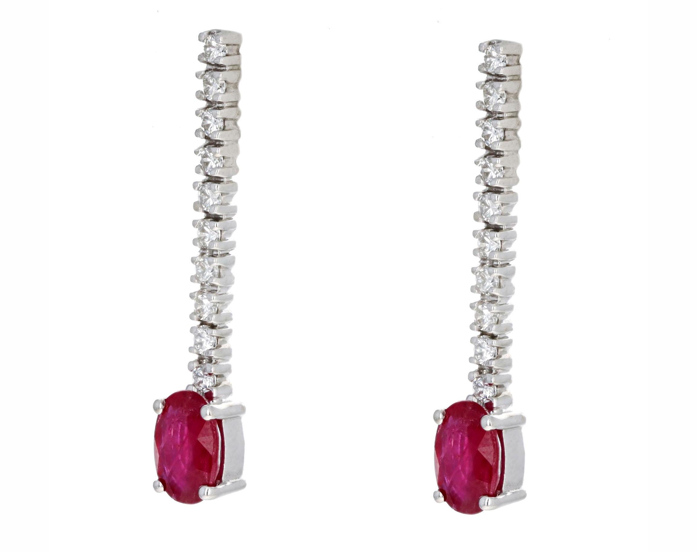 Oval Cut 14K White Gold 1.80 Carat Total Weight Oval Natural Ruby & Diamond Drop Earrings