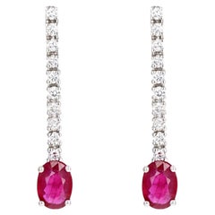 14K White Gold 1.80 Carat Total Weight Oval Natural Ruby & Diamond Drop Earrings