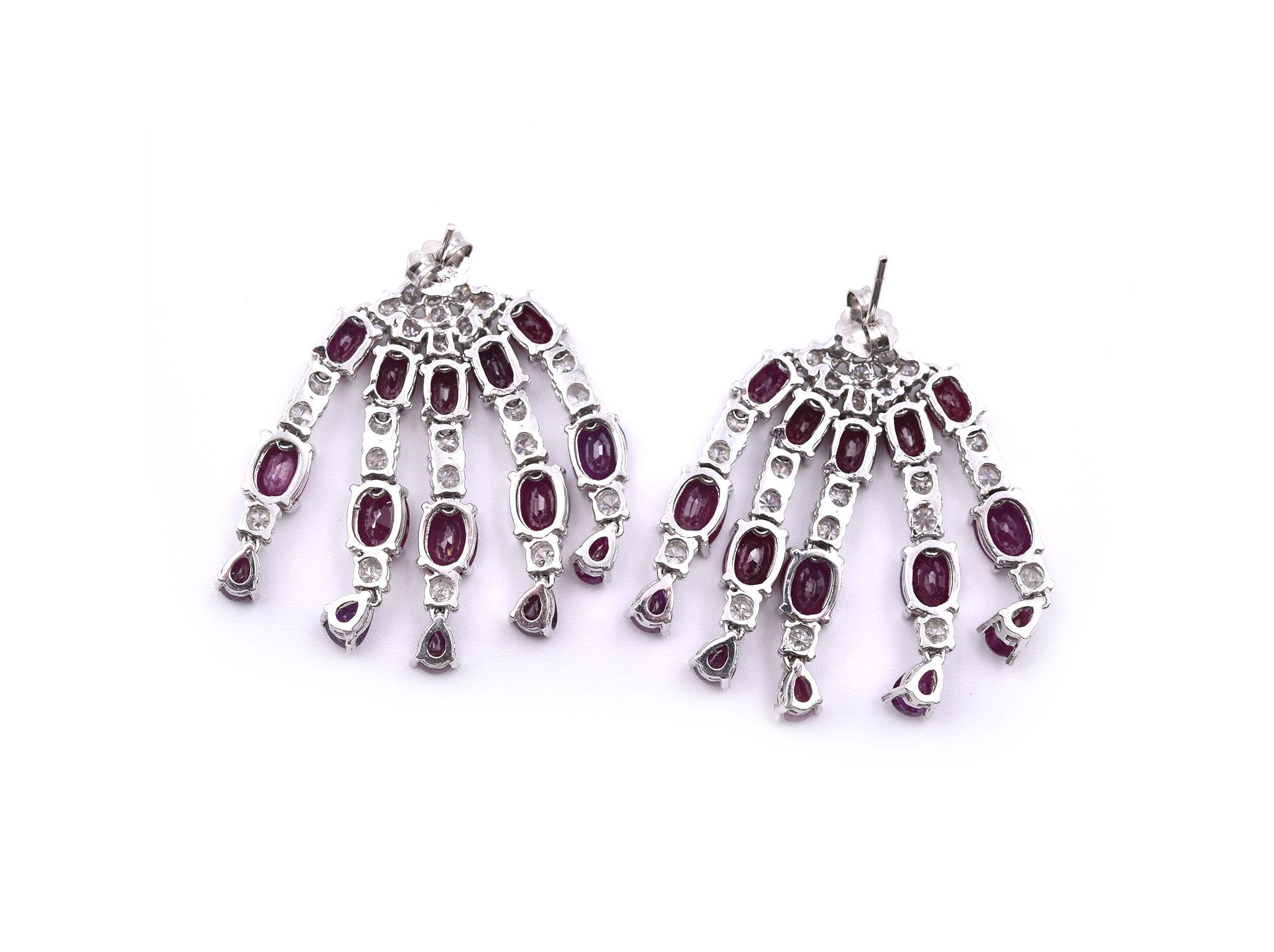 14 Karat White Gold 1.80 Carat Diamond and 12.50 Carat Ruby Dangle Earrings In Excellent Condition In Scottsdale, AZ