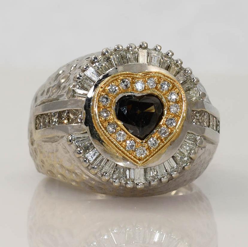 14K White Gold, 18K Yellow Gold Heart 1.31ct Diamond Ring, 22.5gr In Excellent Condition In Laguna Beach, CA