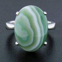 Bague solitaire en or blanc 14k 18x13.2mm Cabochon Ovale Agate Verte Serti Prong