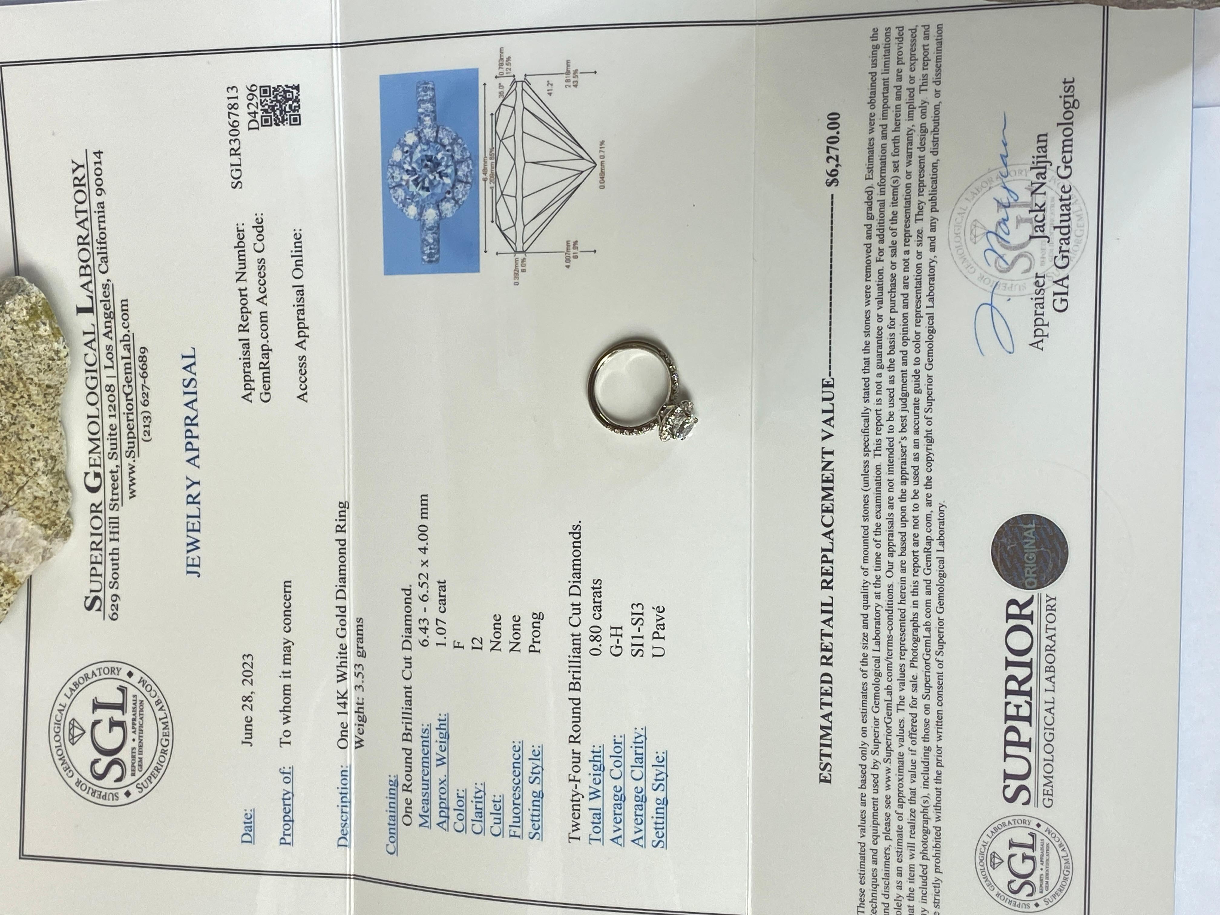 14K White Gold 1.9 Carat Natural Diamond Halo Semi-Eternity Engagement Ring Sz 6 For Sale 6
