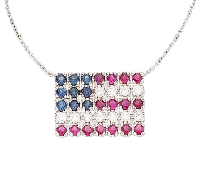 Modern 14k White Gold 1.90 ct Diamond, Ruby, and Sapphire American Flag Pendant 17