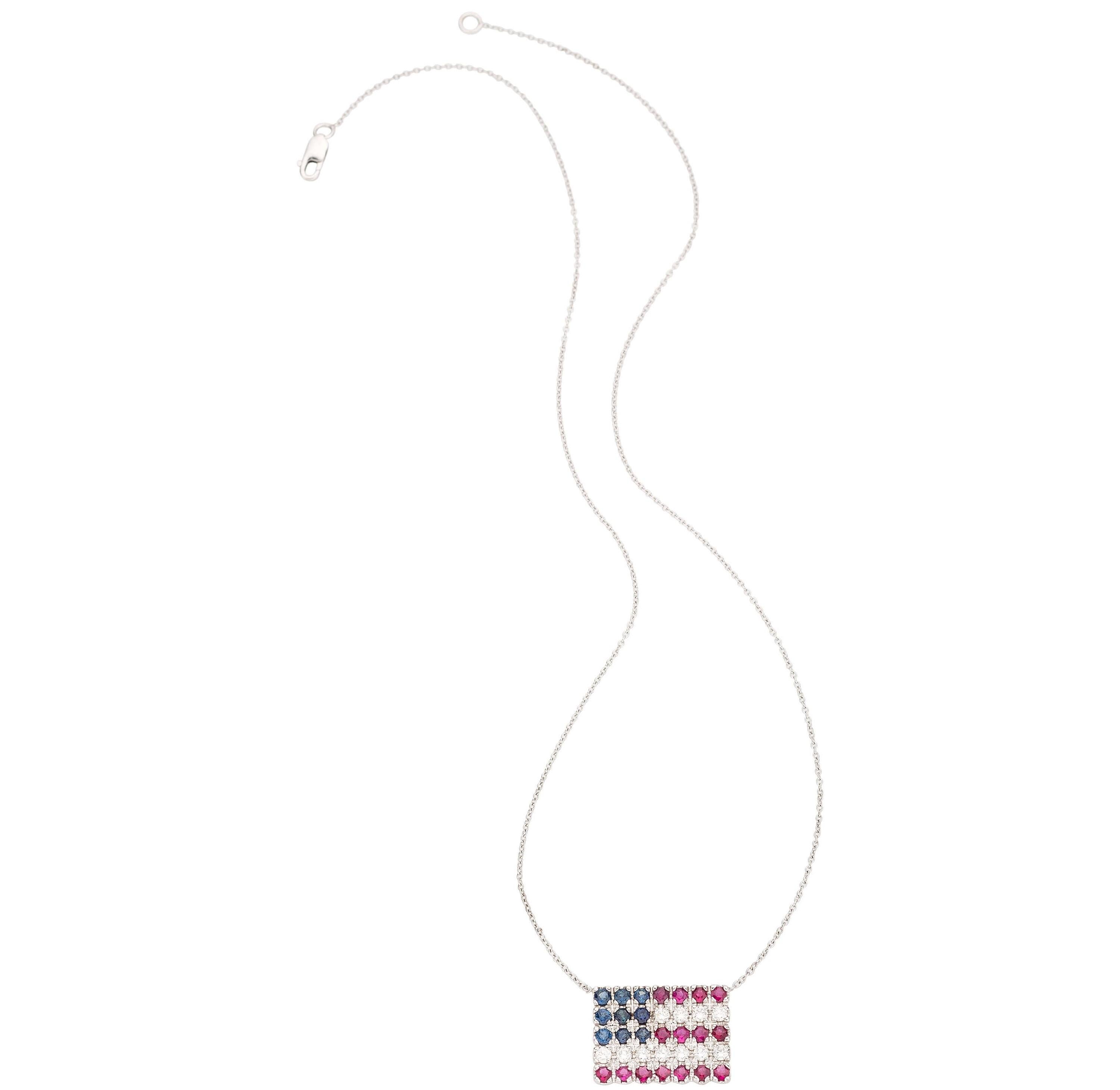 Round Cut 14k White Gold 1.90 ct Diamond, Ruby, and Sapphire American Flag Pendant 17