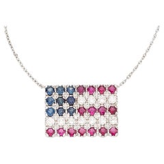 14k White Gold 1.90 ct Diamond, Ruby, and Sapphire American Flag Pendant 17"
