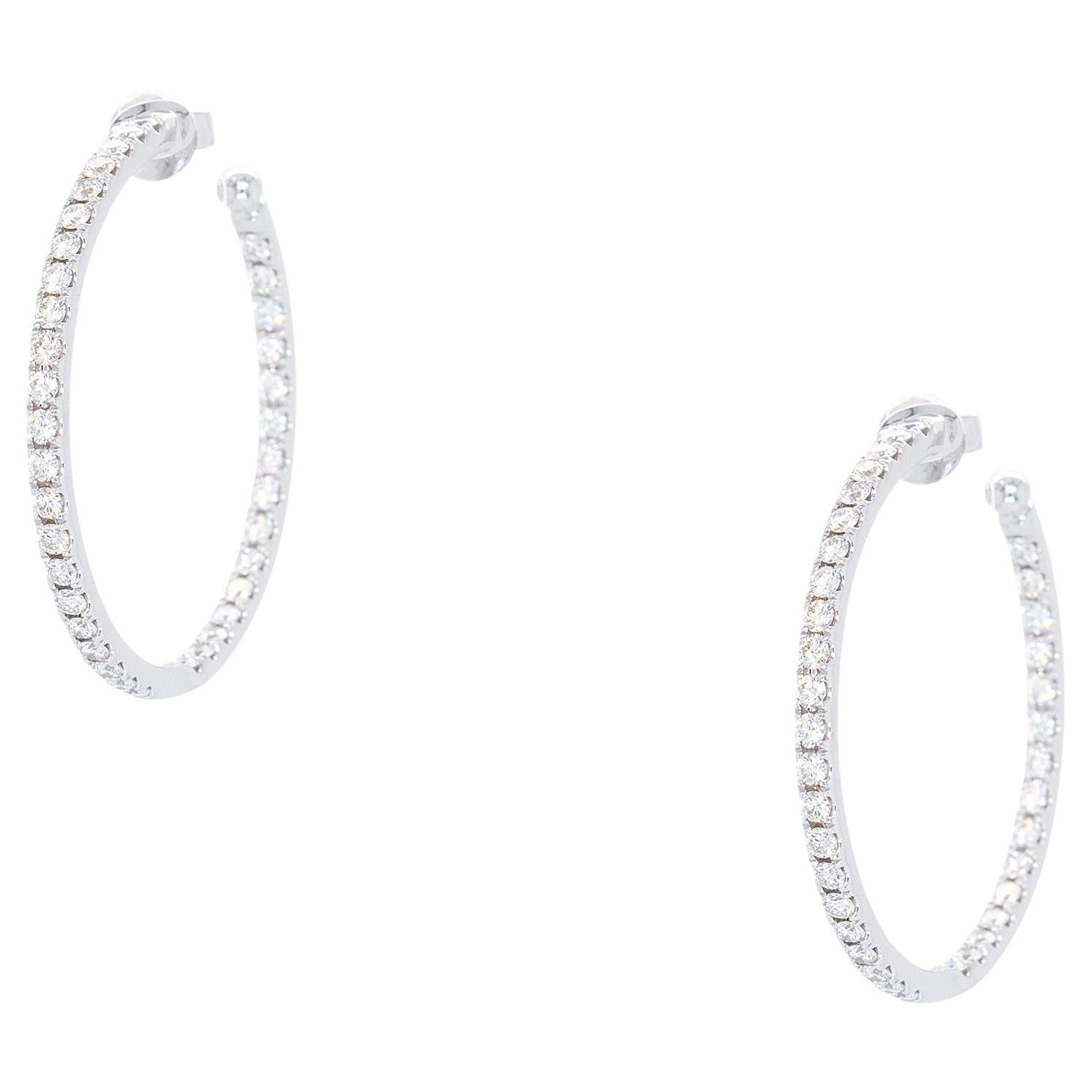 14k White Gold 1.91ctw Round Brilliant Natural Diamonds Pave Inside Out Hoops For Sale