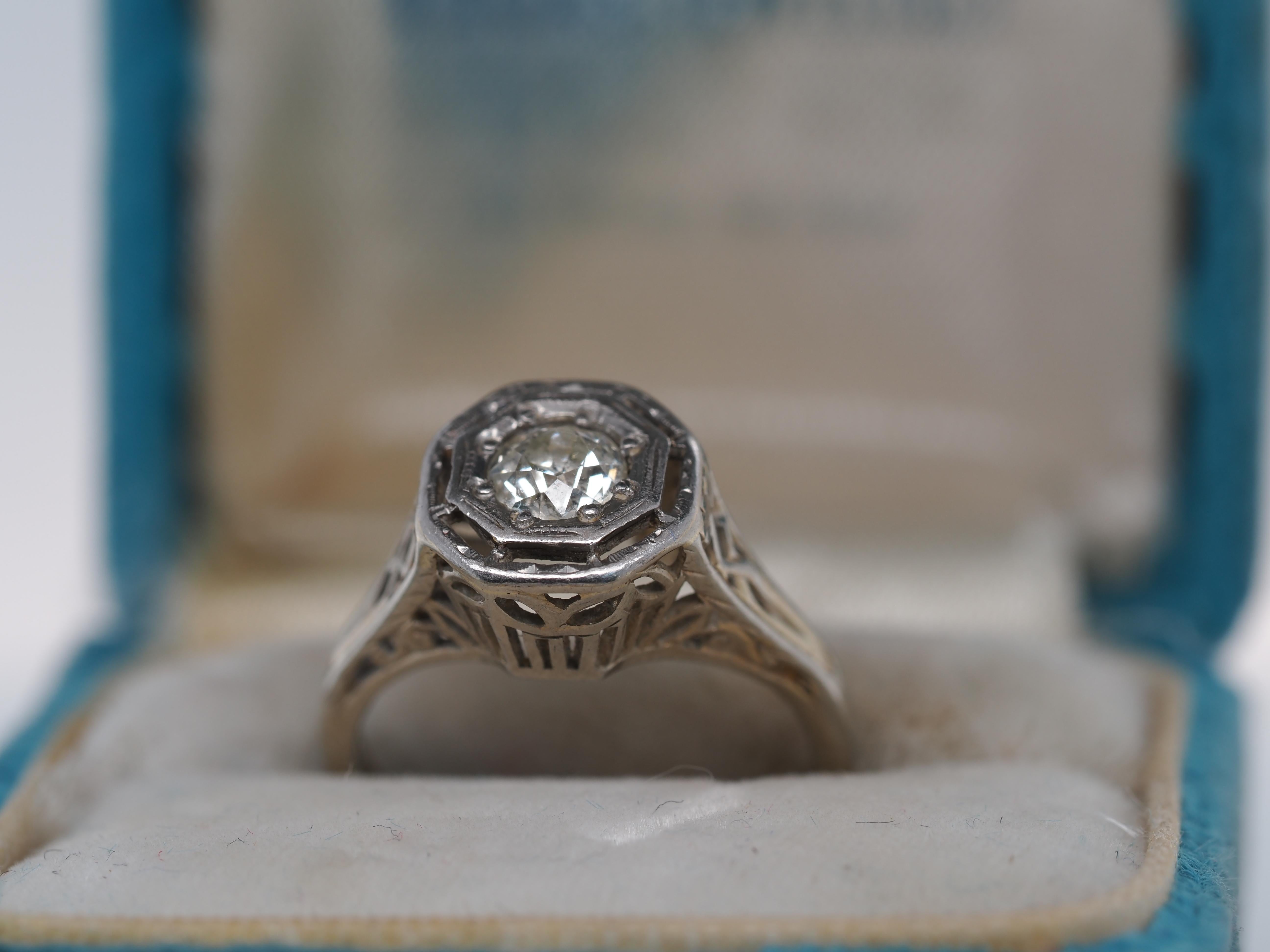 Or blanc 14 carats Art déco des années 1930, diamant taille vieille Europe Unisexe en vente