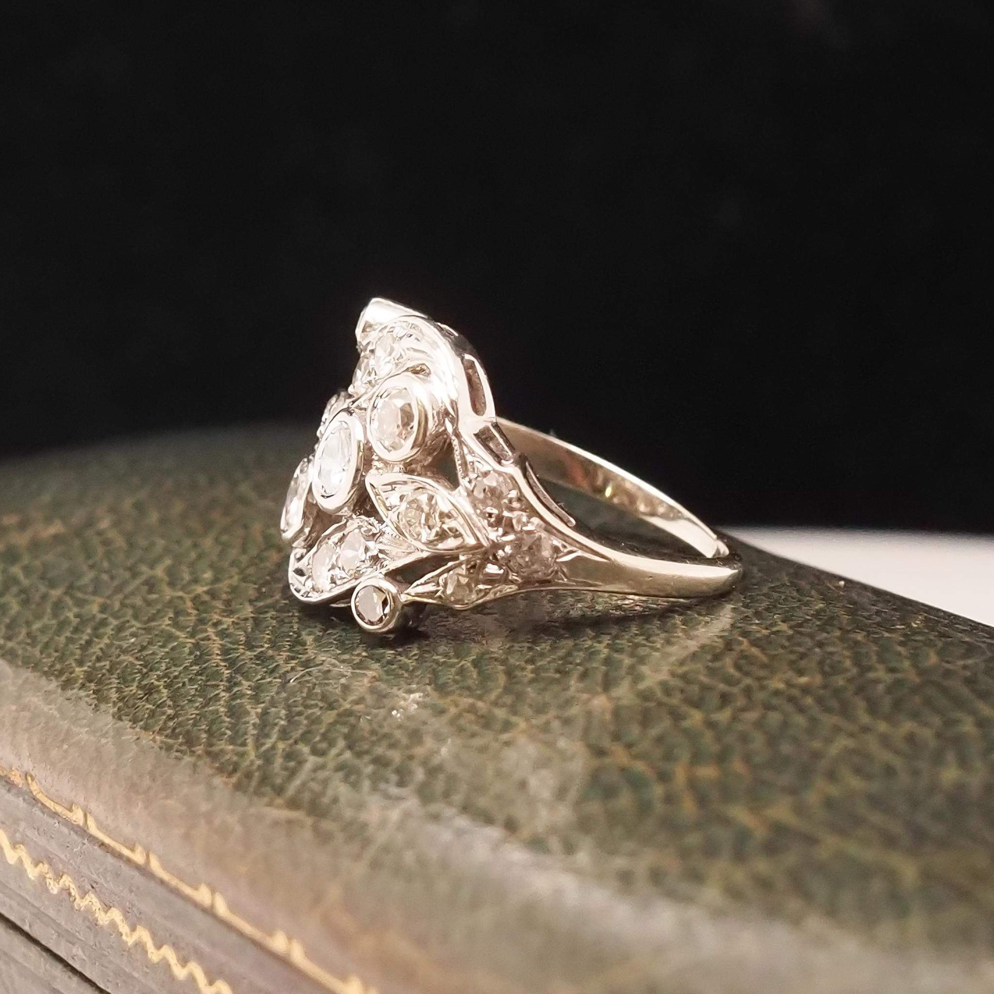 14K White Gold 1940s Old European Diamond Swirl Ring For Sale 5