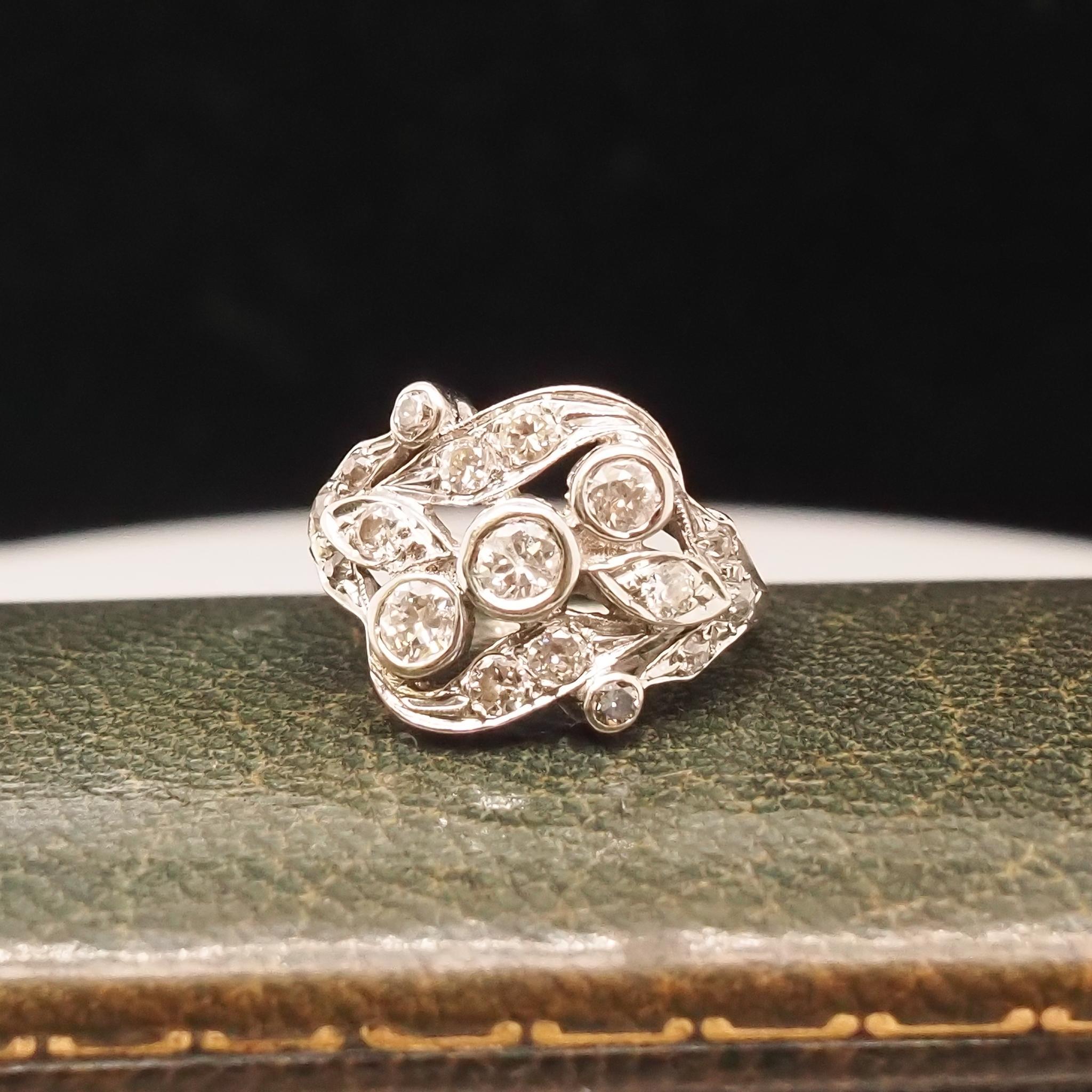 14K White Gold 1940s Old European Diamond Swirl Ring For Sale 6