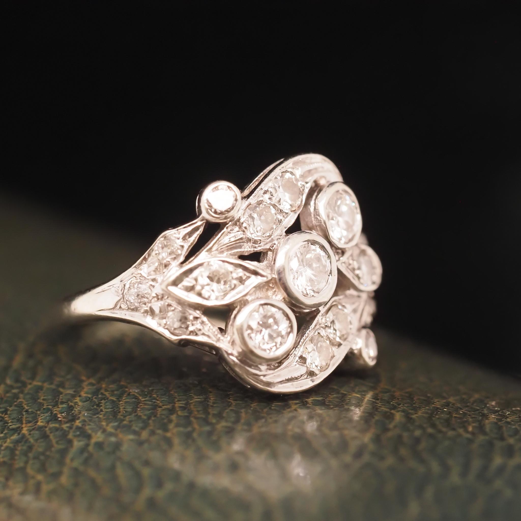 Old European Cut 14K White Gold 1940s Old European Diamond Swirl Ring For Sale