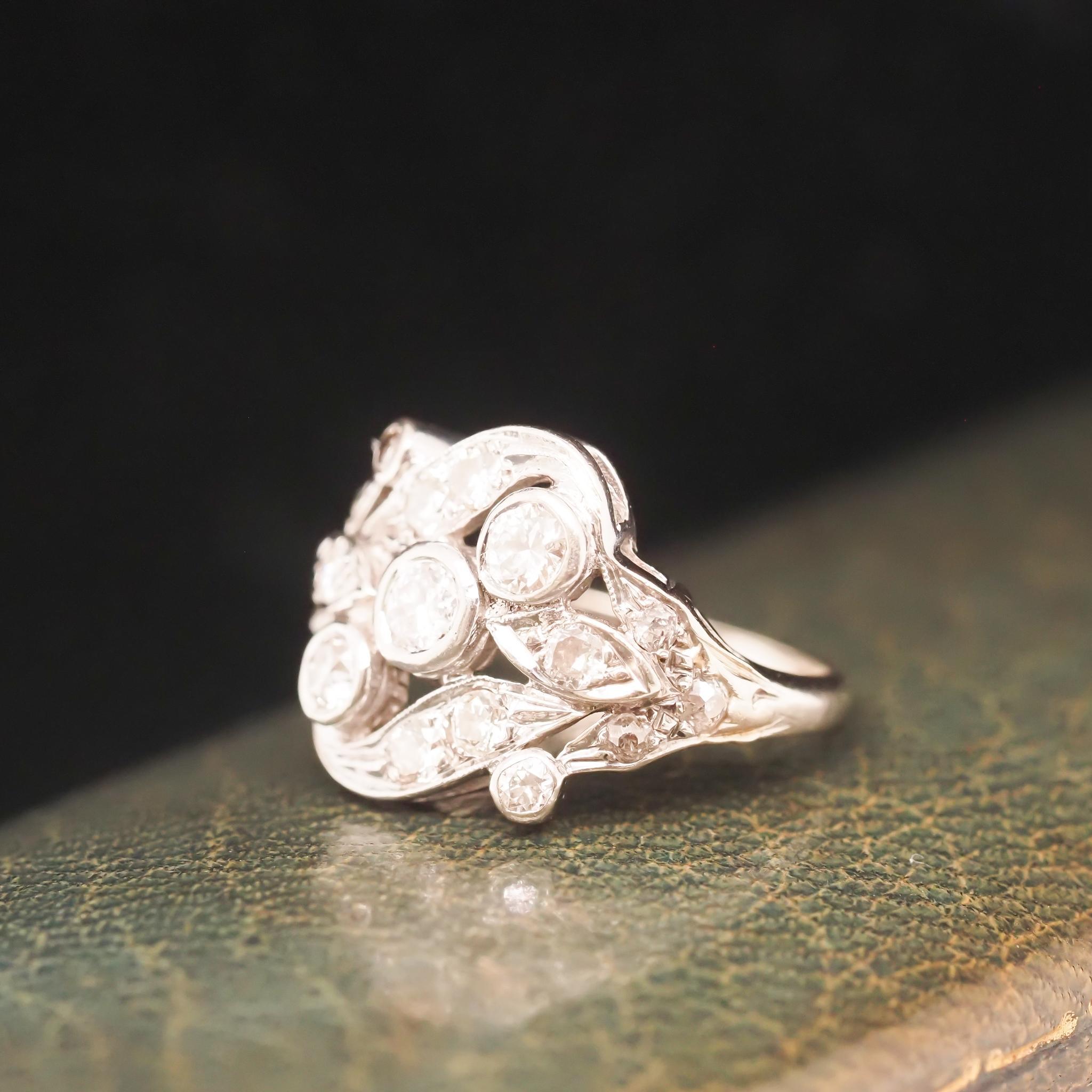14K White Gold 1940s Old European Diamond Swirl Ring In Good Condition For Sale In Atlanta, GA